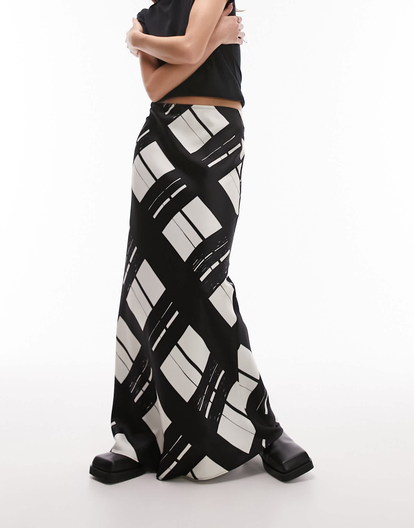 Topshop satin bias skirt with printed check in mono - ASOS Sample Sale
