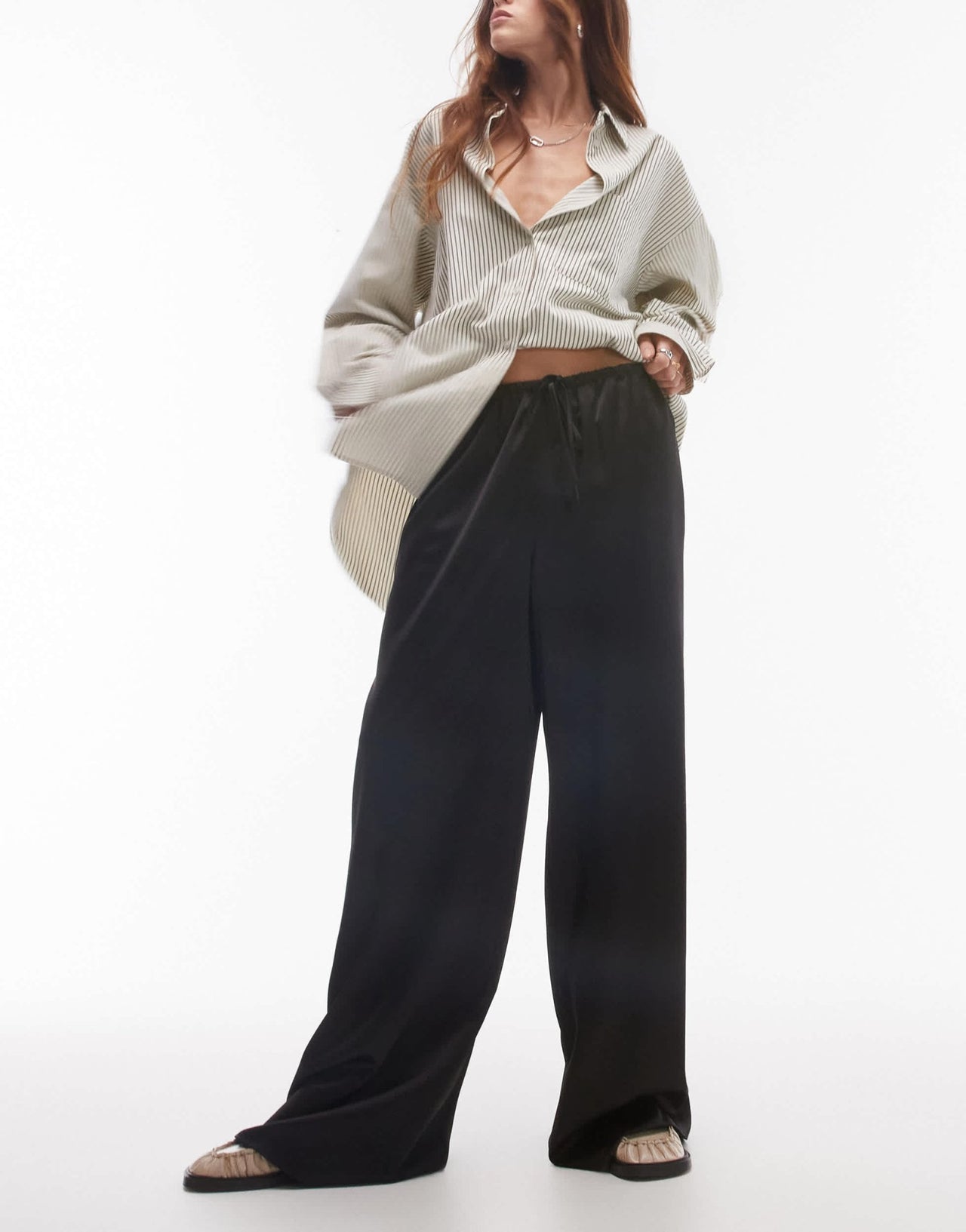 Topshop satin drawcord trouser in black - ASOS Sample Sale