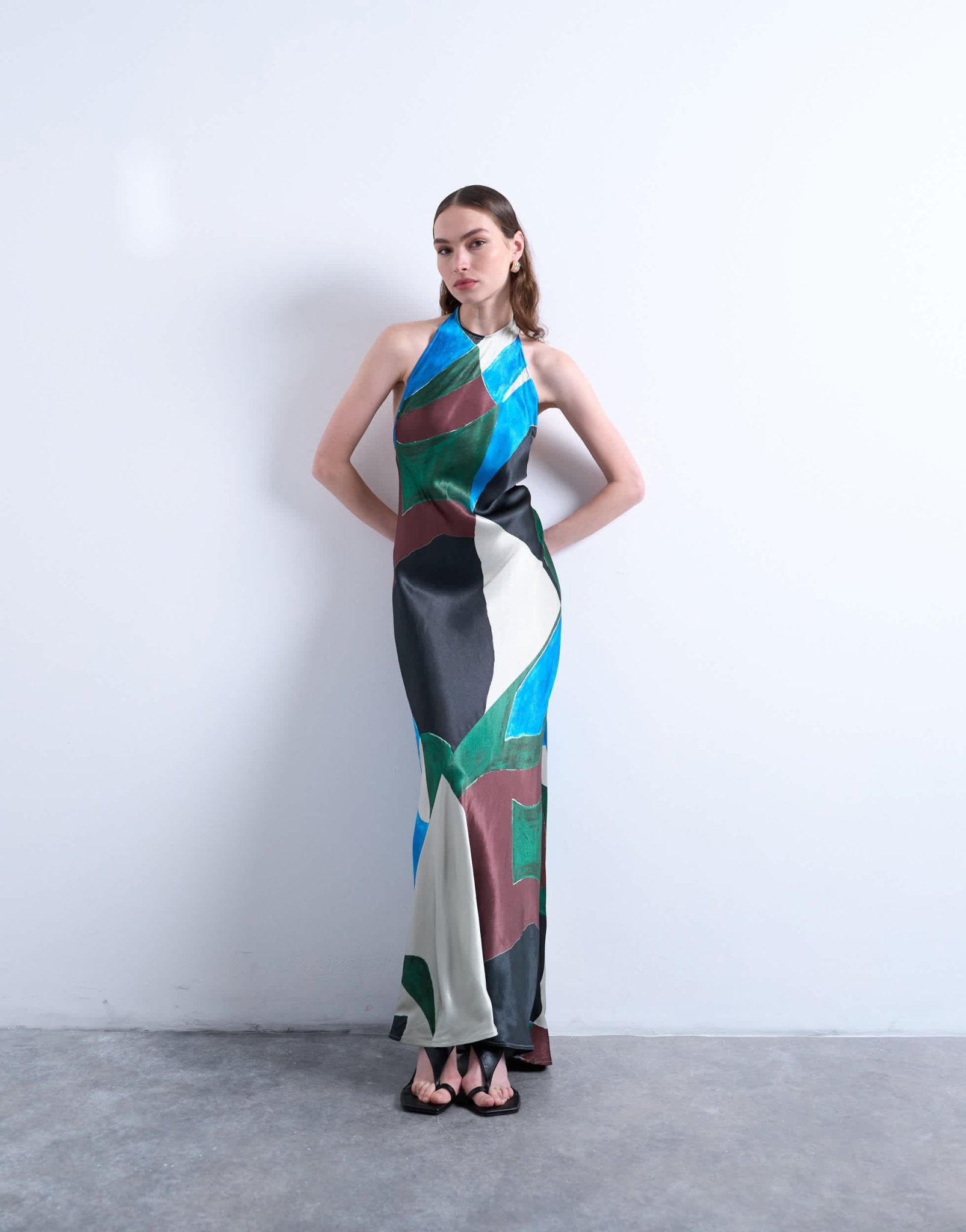 Topshop satin halterneck dress in abstract shape print - ASOS Sample Sale