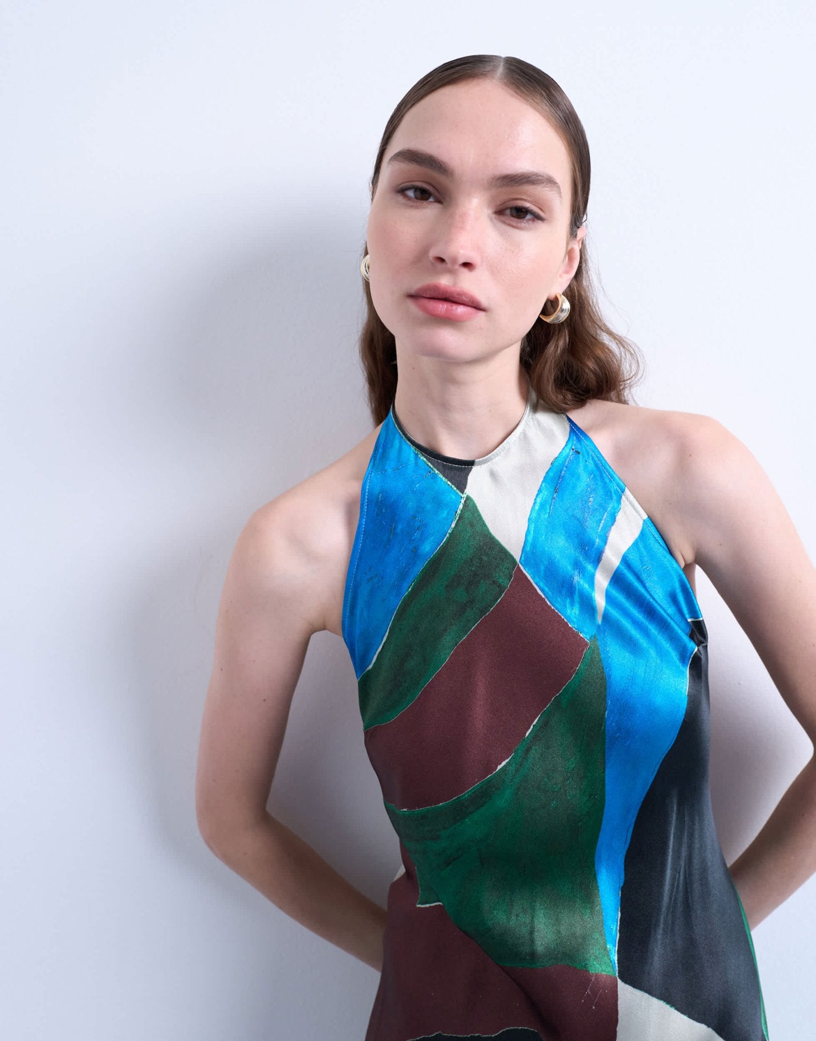 Topshop satin halterneck dress in abstract shape print - ASOS Sample Sale