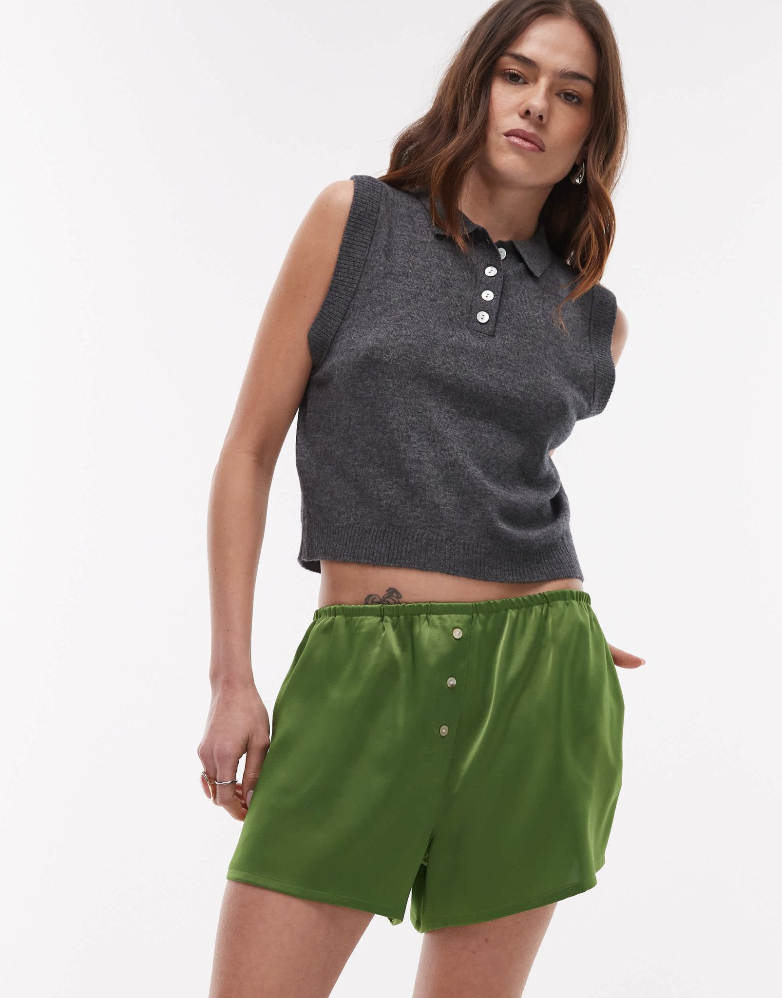 Topshop satin knicker short with buttons in green - ASOS Sample Sale
