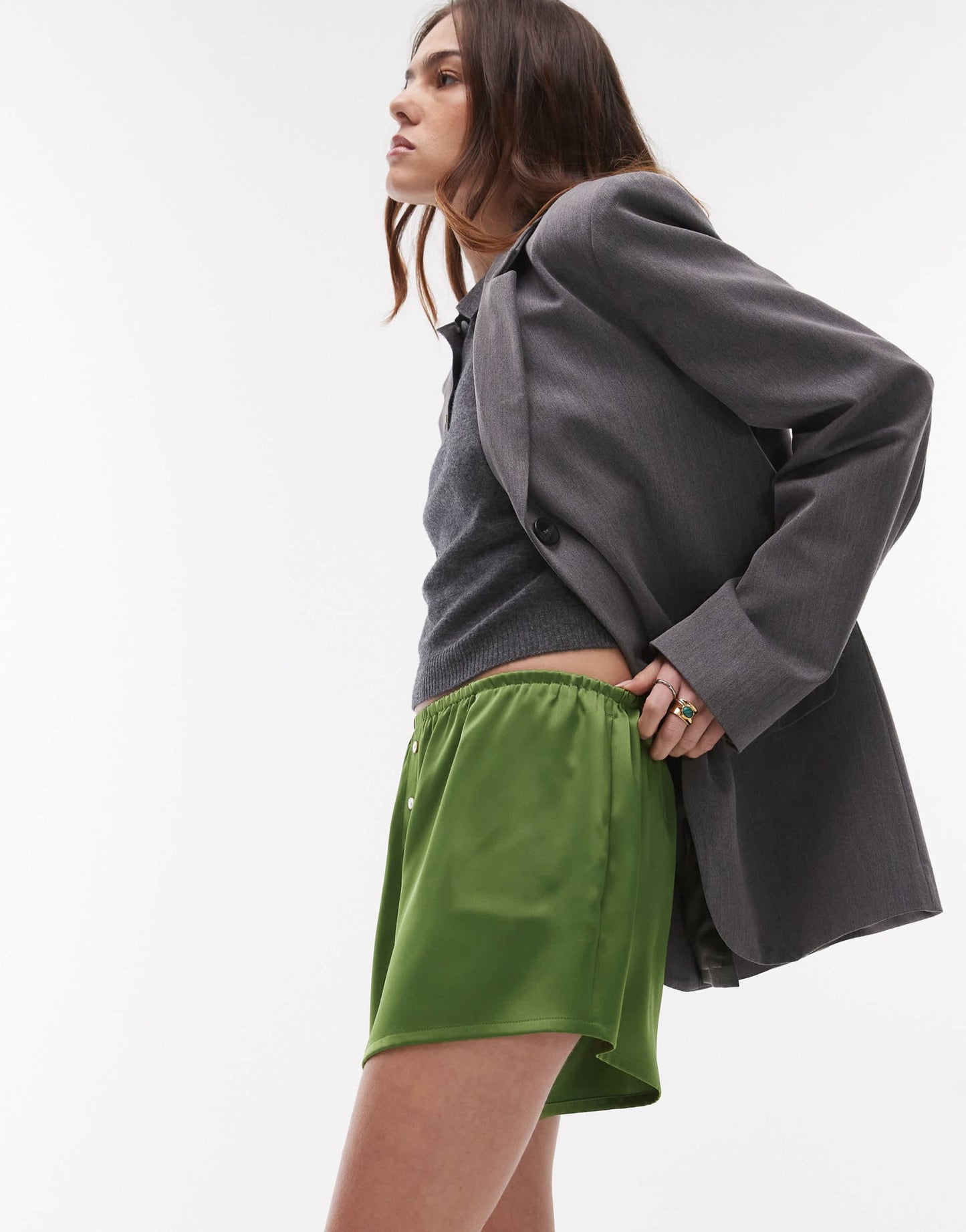 Topshop satin knicker short with buttons in green - ASOS Sample Sale