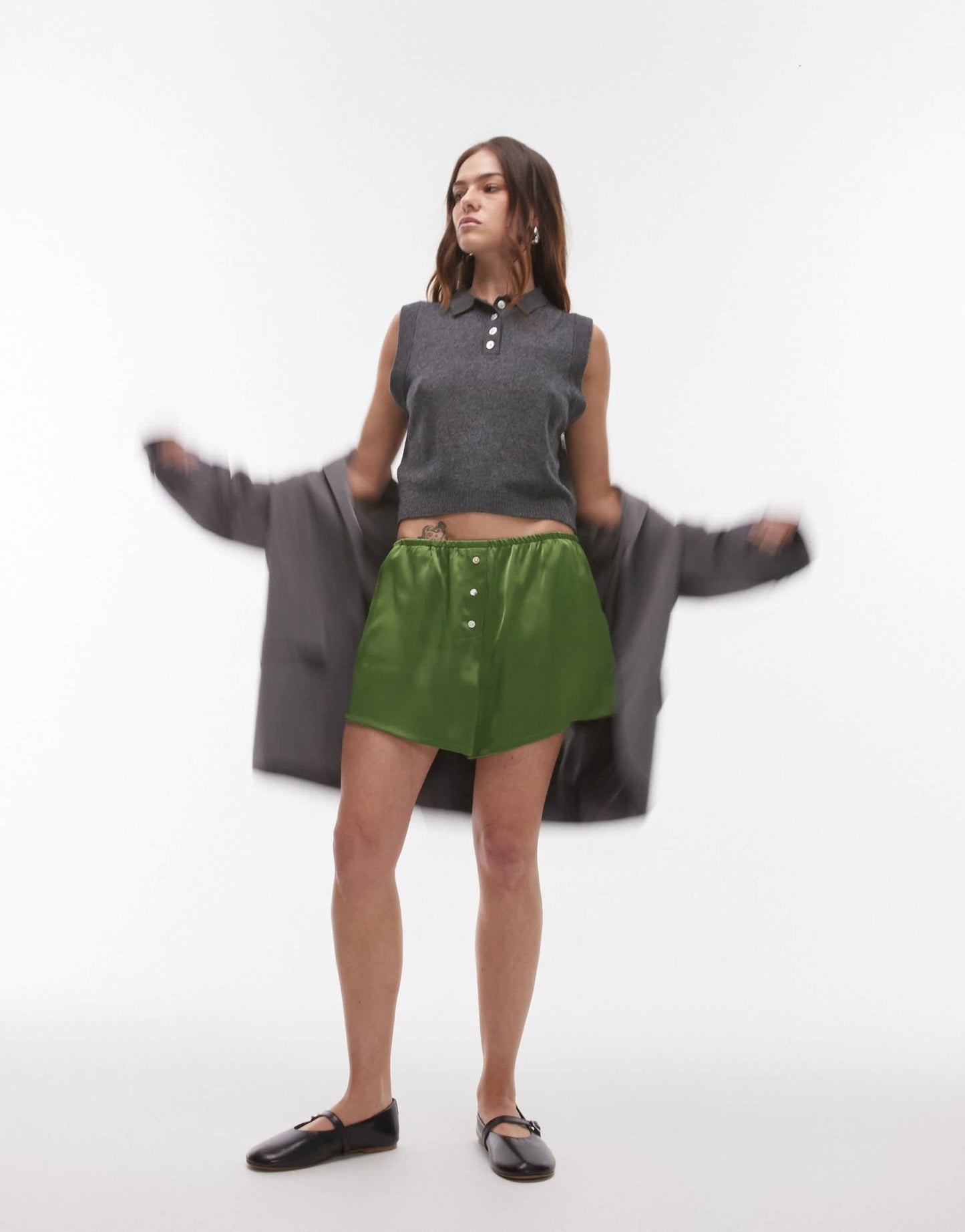 Topshop satin knicker short with buttons in green - ASOS Sample Sale