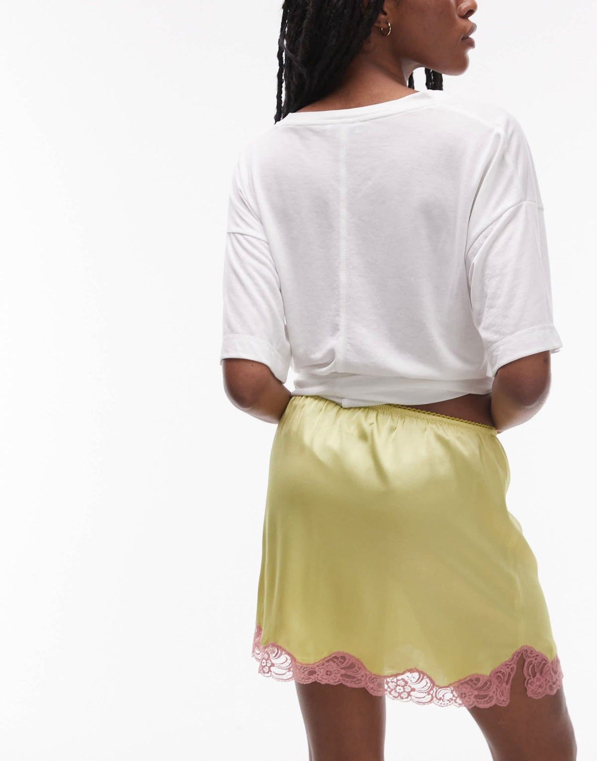 Topshop satin lace petticoat lace mini skirt in lime with pale pink lace - ASOS Sample Sale
