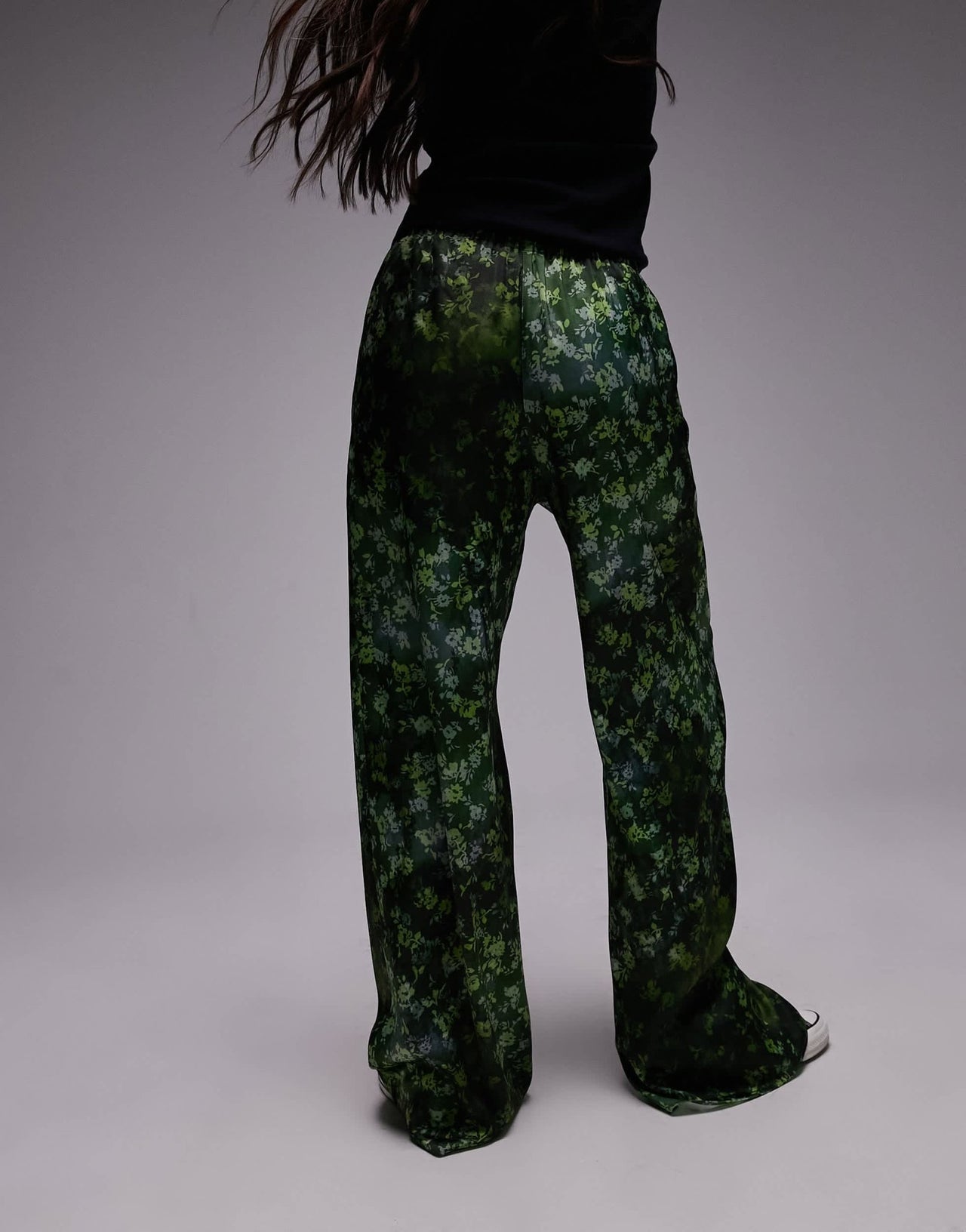 Topshop satin print wide leg pull on trouser in green - ASOS Sample Sale