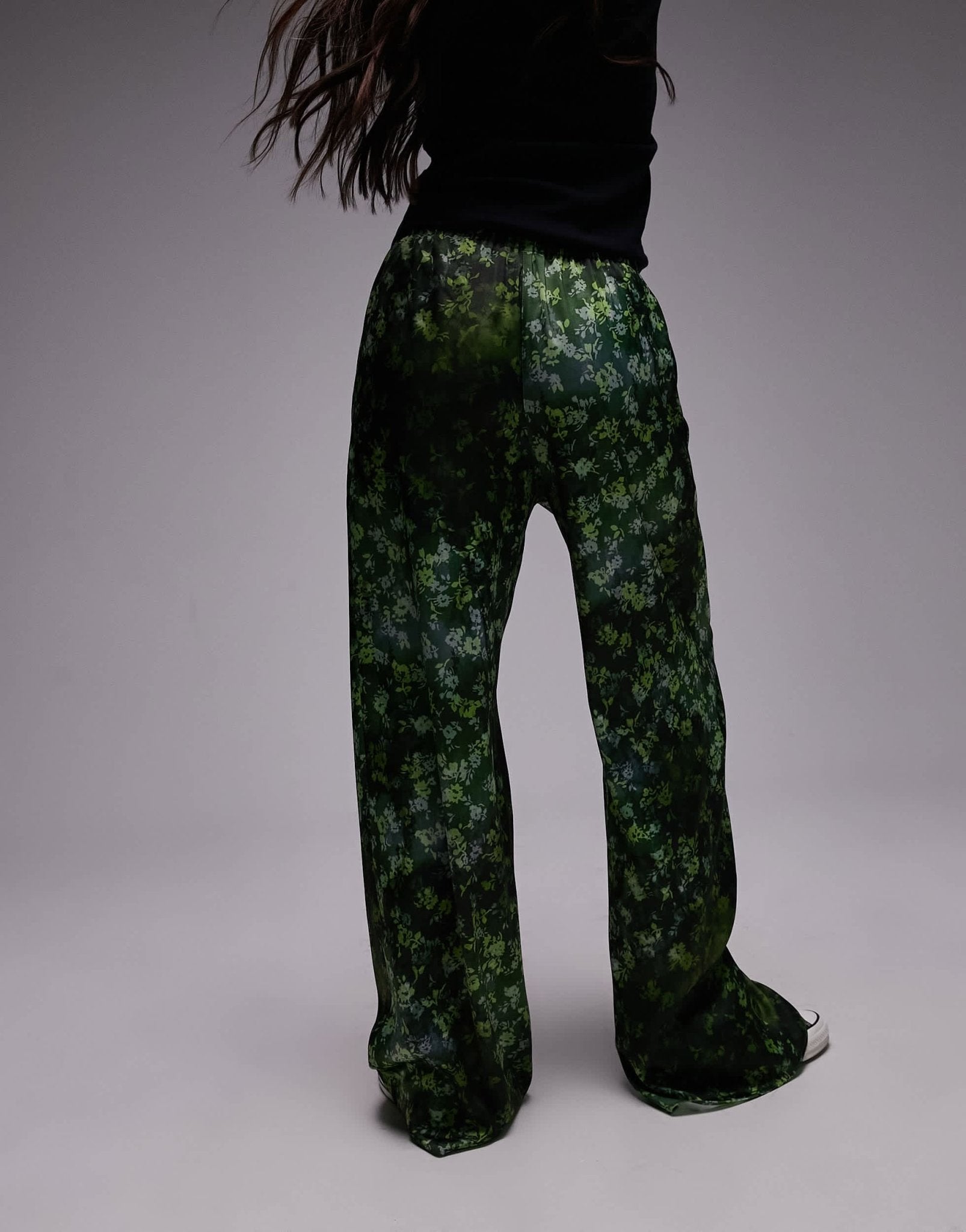 Topshop satin print wide leg pull on trouser in green - ASOS Sample Sale