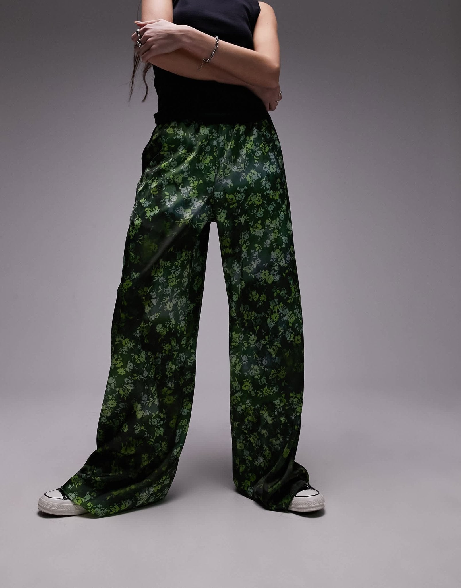 Topshop satin print wide leg pull on trouser in green - ASOS Sample Sale