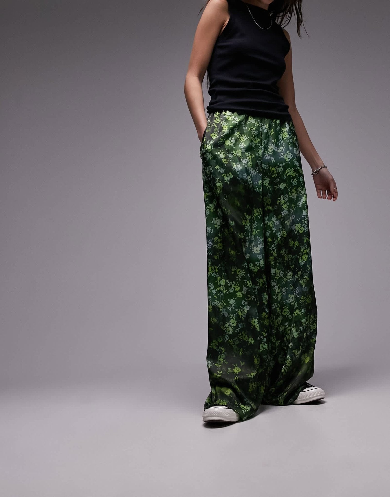Topshop satin print wide leg pull on trouser in green - ASOS Sample Sale