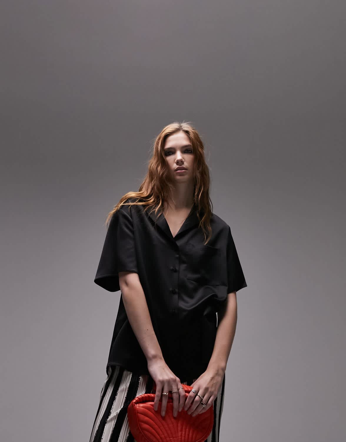 Topshop satin short sleeve shirt in black - ASOS Sample Sale