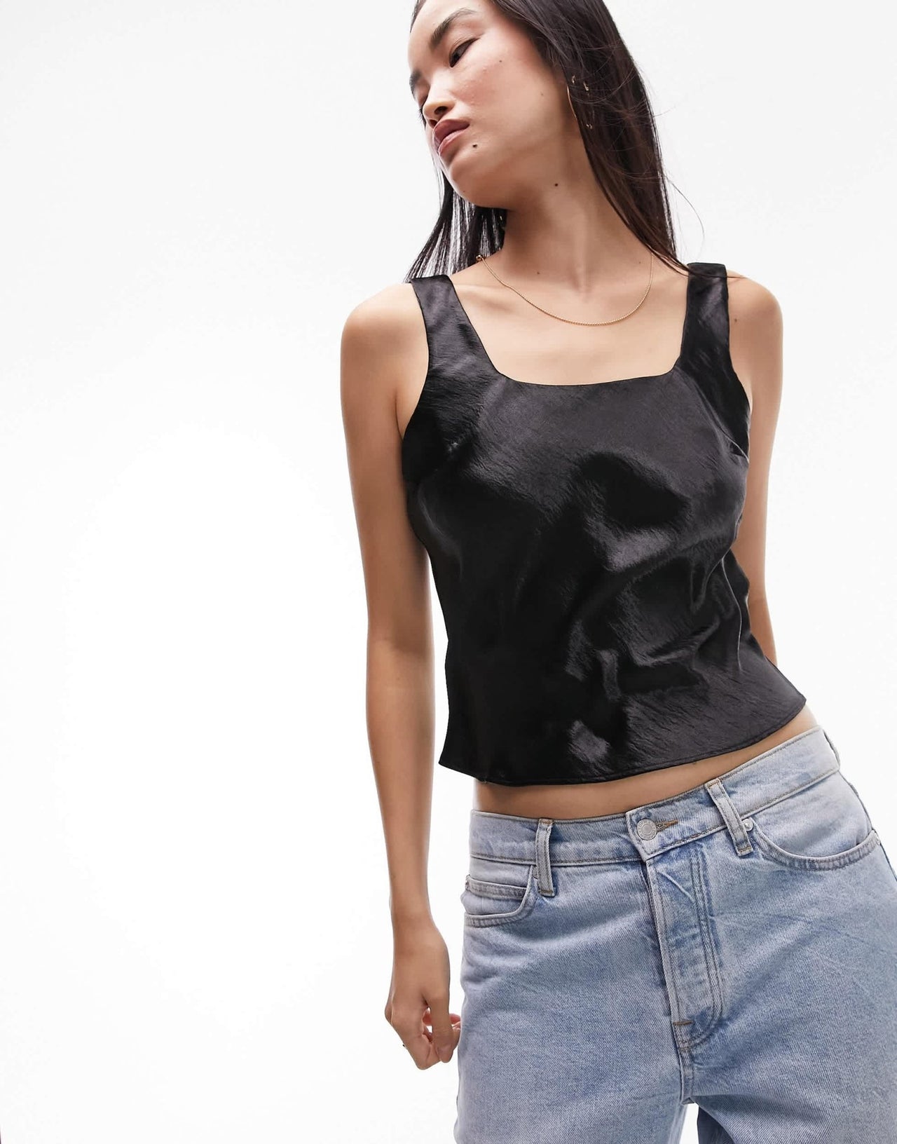 Topshop satin square neck cami in black - ASOS Sample Sale