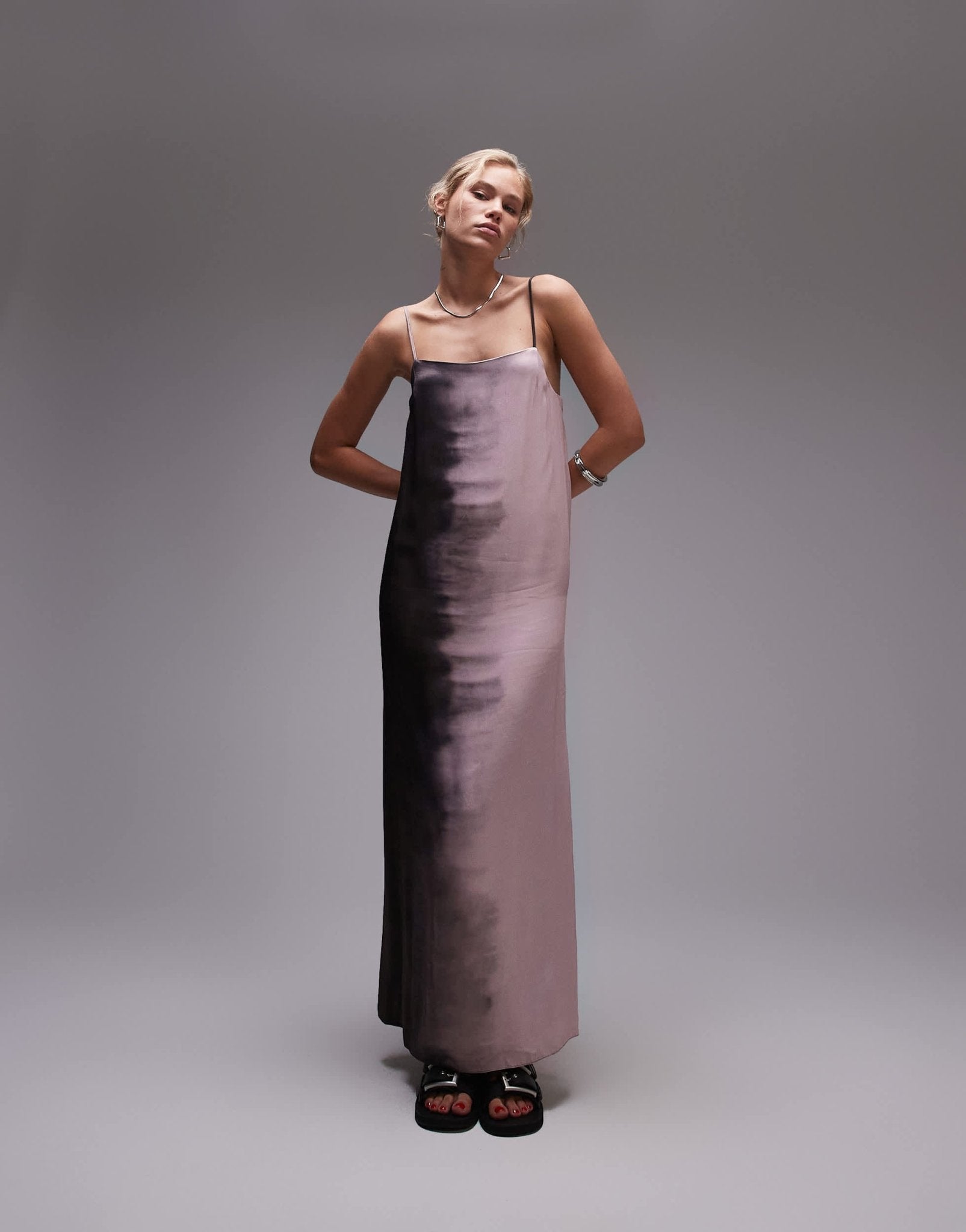 Topshop satin square neck cami midi dress in pink print - ASOS Sample Sale