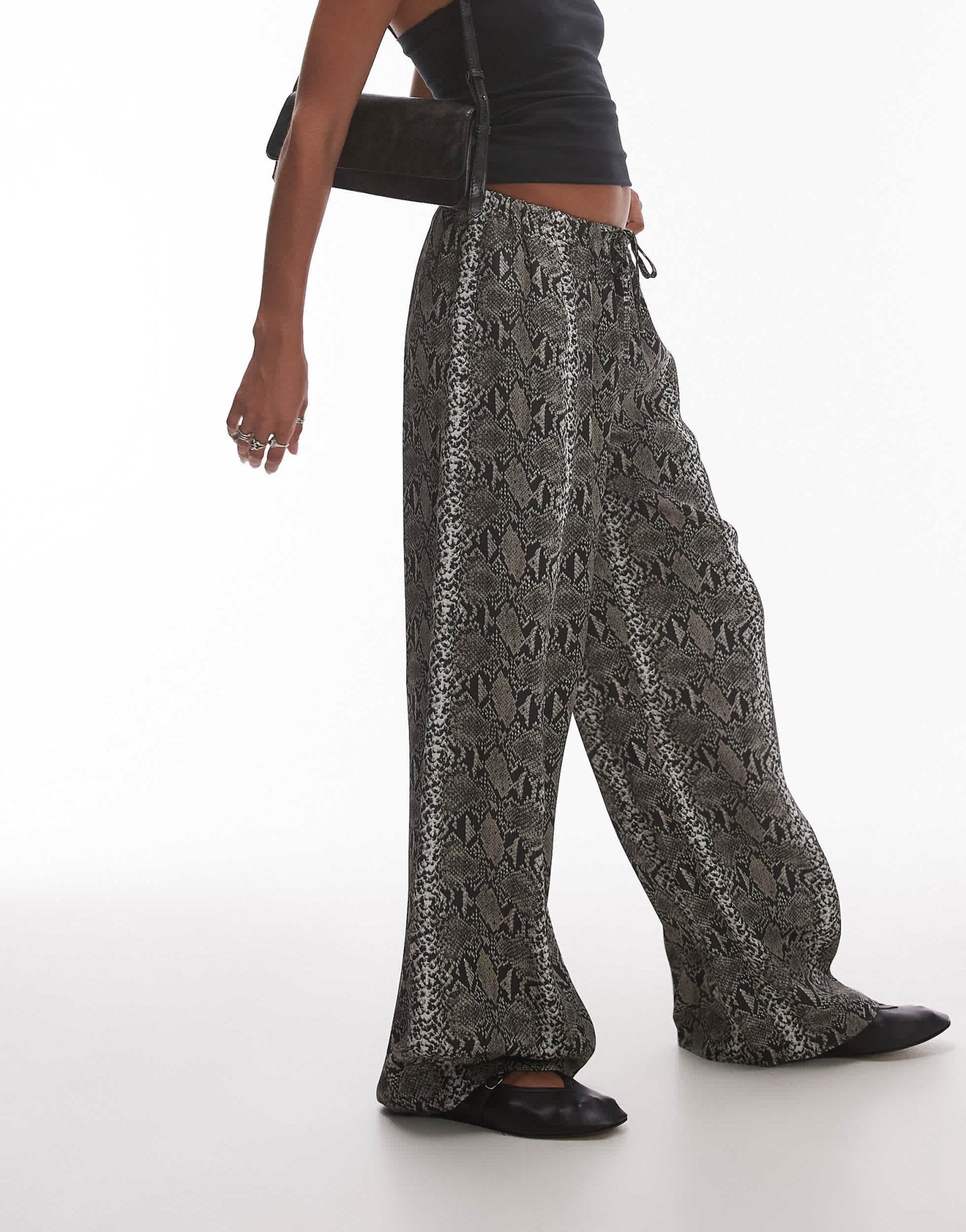 Topshop satin wide leg trouser with tie waist in snake - ASOS Sample Sale