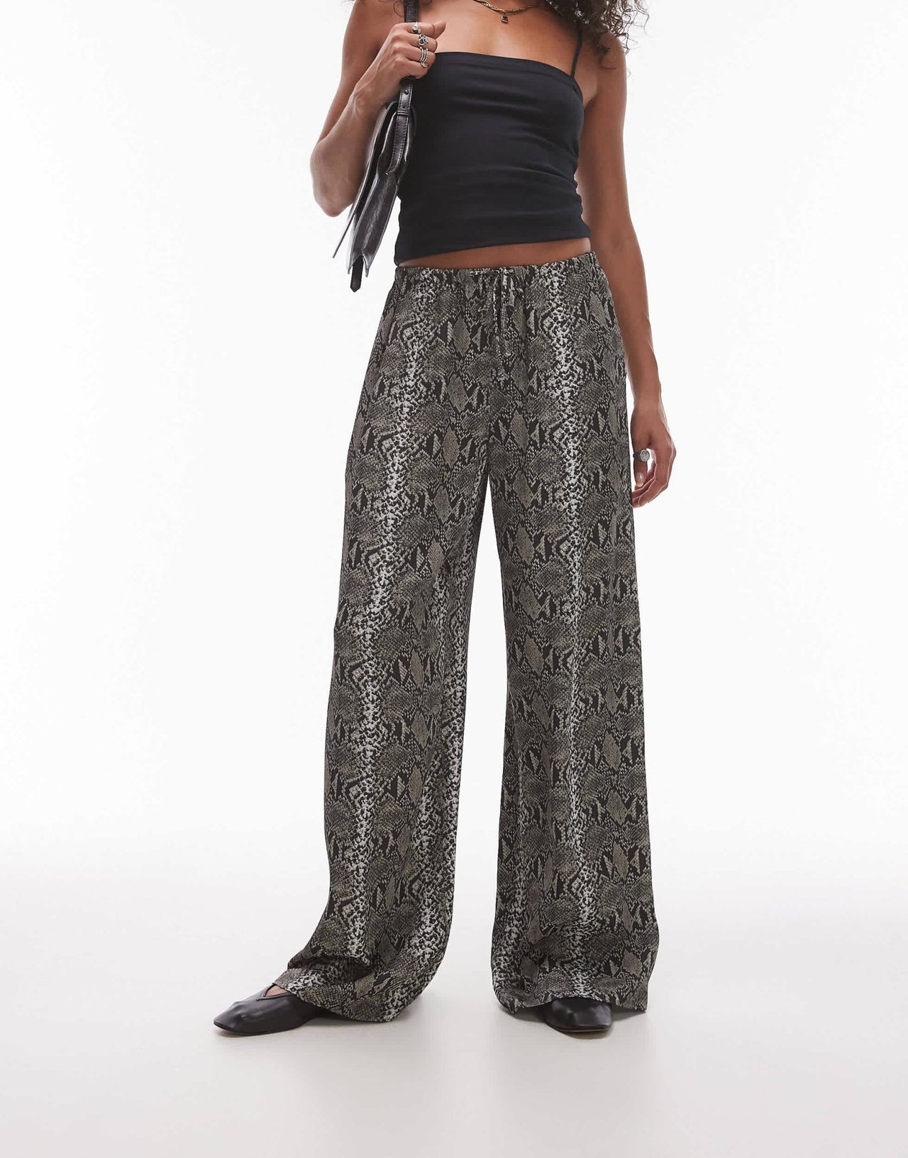 Topshop satin wide leg trouser with tie waist in snake - ASOS Sample Sale
