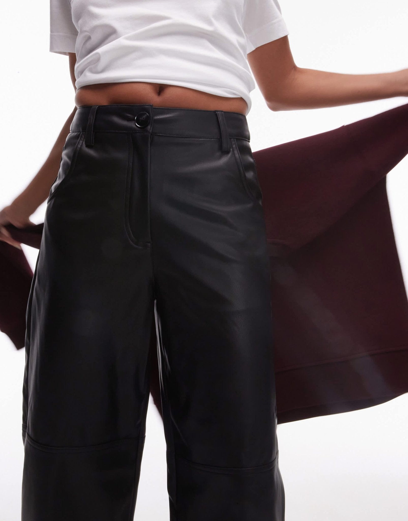 Topshop seam detail straight leg faux leather trouser in black - ASOS Sample Sale