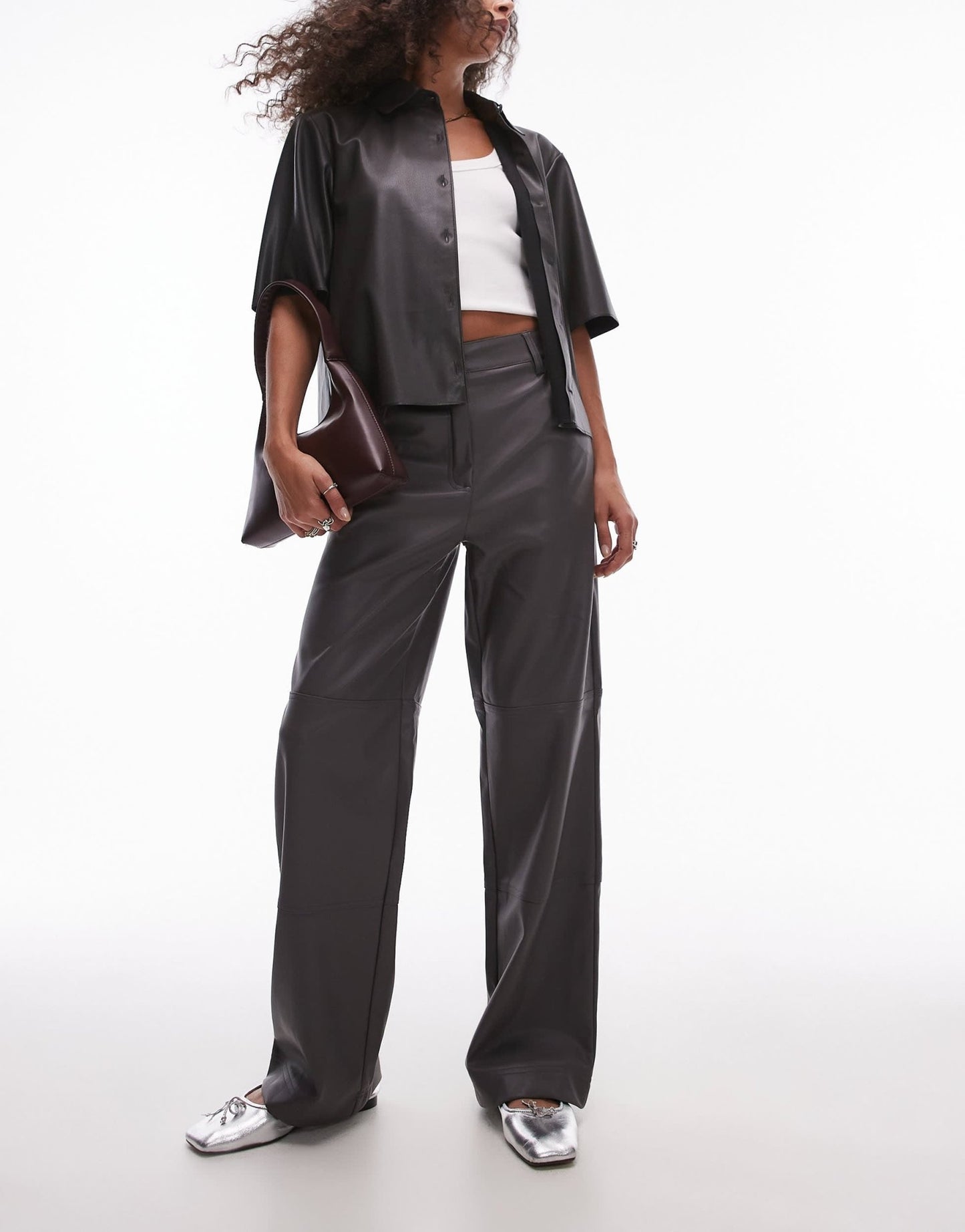 Topshop seam detail straight leg faux leather trouser in grey - ASOS Sample Sale
