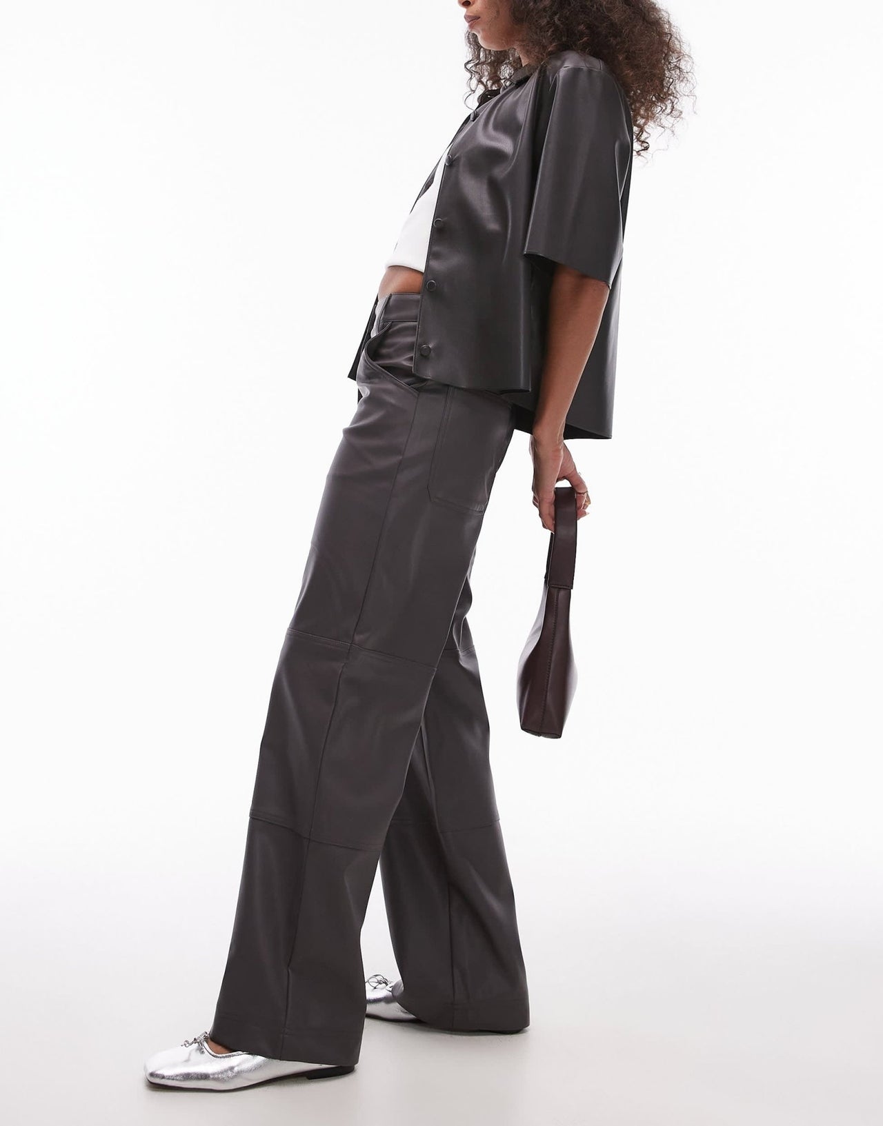 Topshop seam detail straight leg faux leather trouser in grey - ASOS Sample Sale