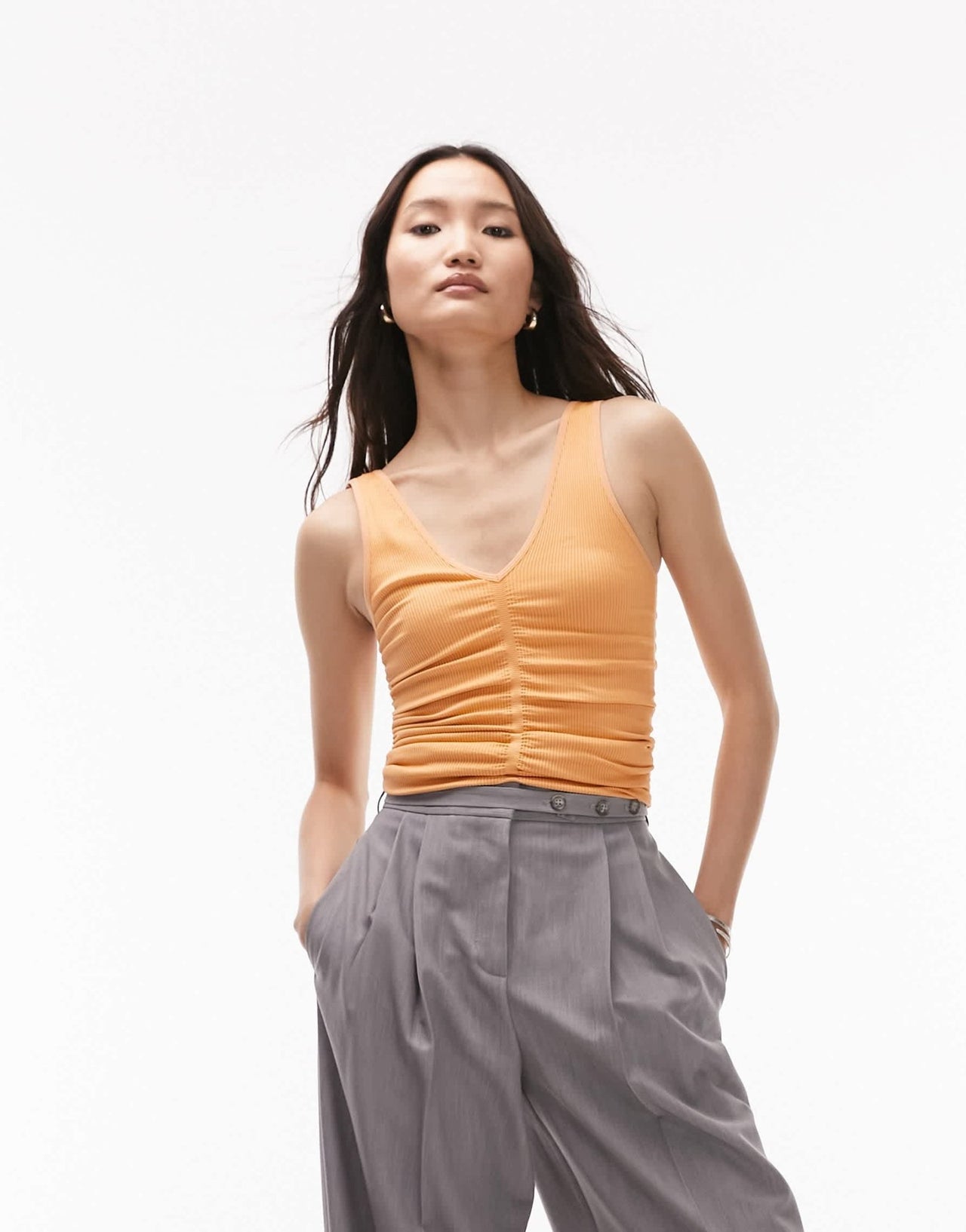Topshop seamless ruched v neck vest in orange - ASOS Sample Sale
