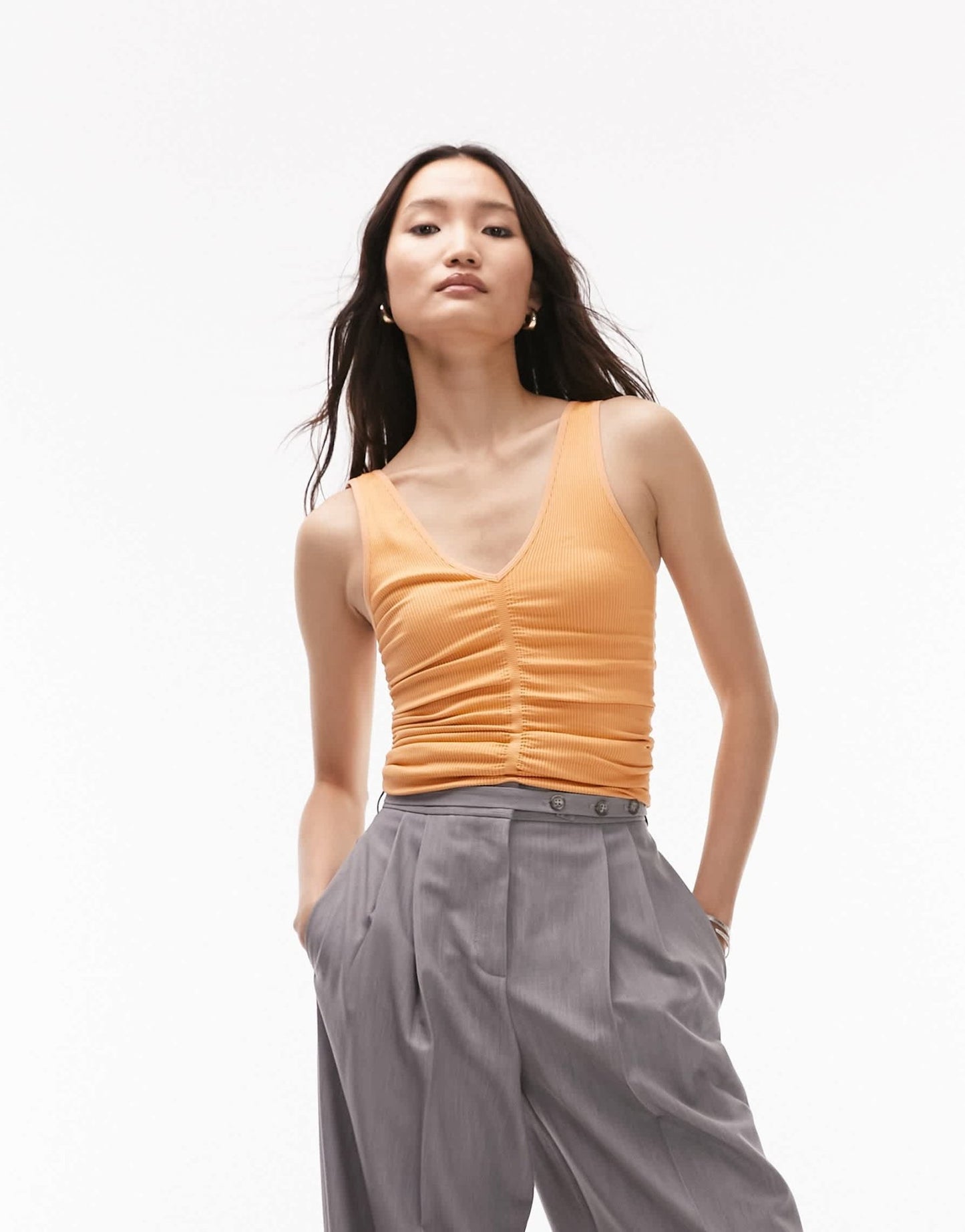 Topshop seamless ruched v neck vest in orange - ASOS Sample Sale