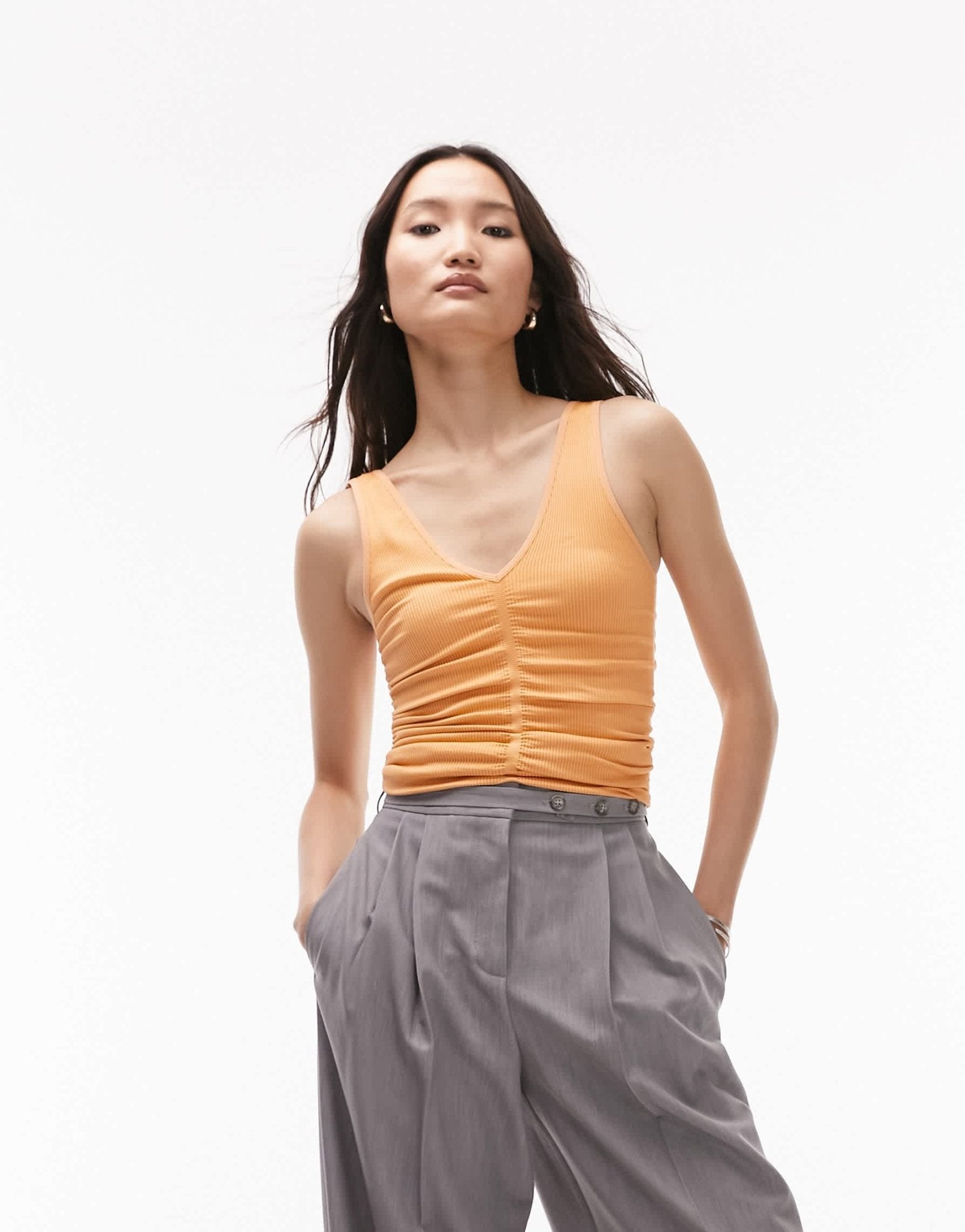Topshop seamless ruched v neck vest in orange - ASOS Sample Sale