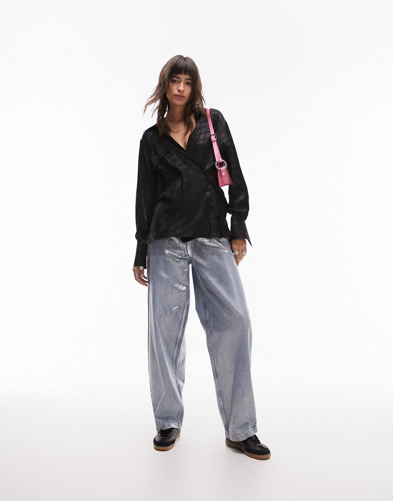 Topshop self check satin shirt in black - ASOS Sample Sale