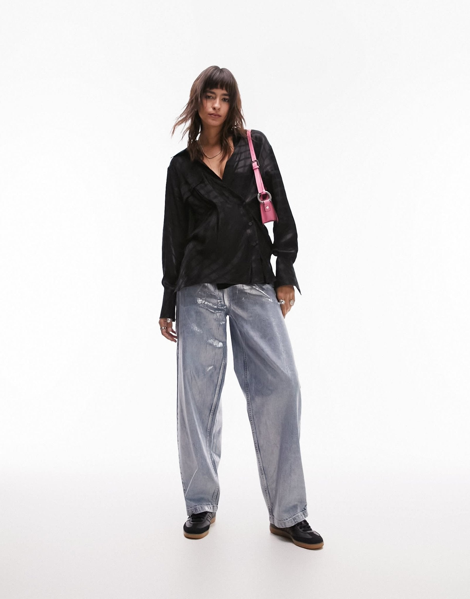 Topshop self check satin shirt in black - ASOS Sample Sale