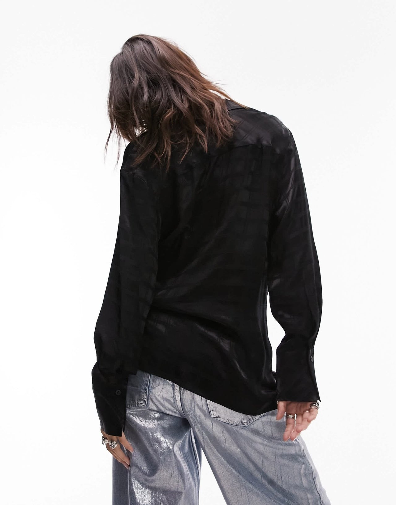 Topshop self check satin shirt in black - ASOS Sample Sale