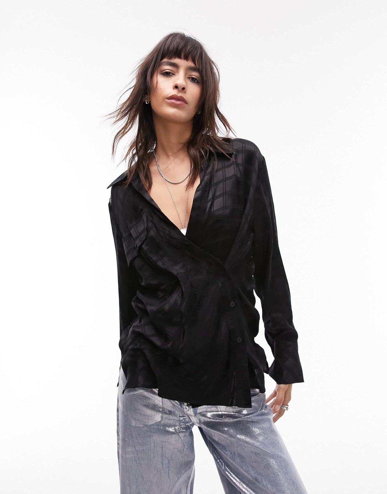 Topshop self check satin shirt in black - ASOS Sample Sale
