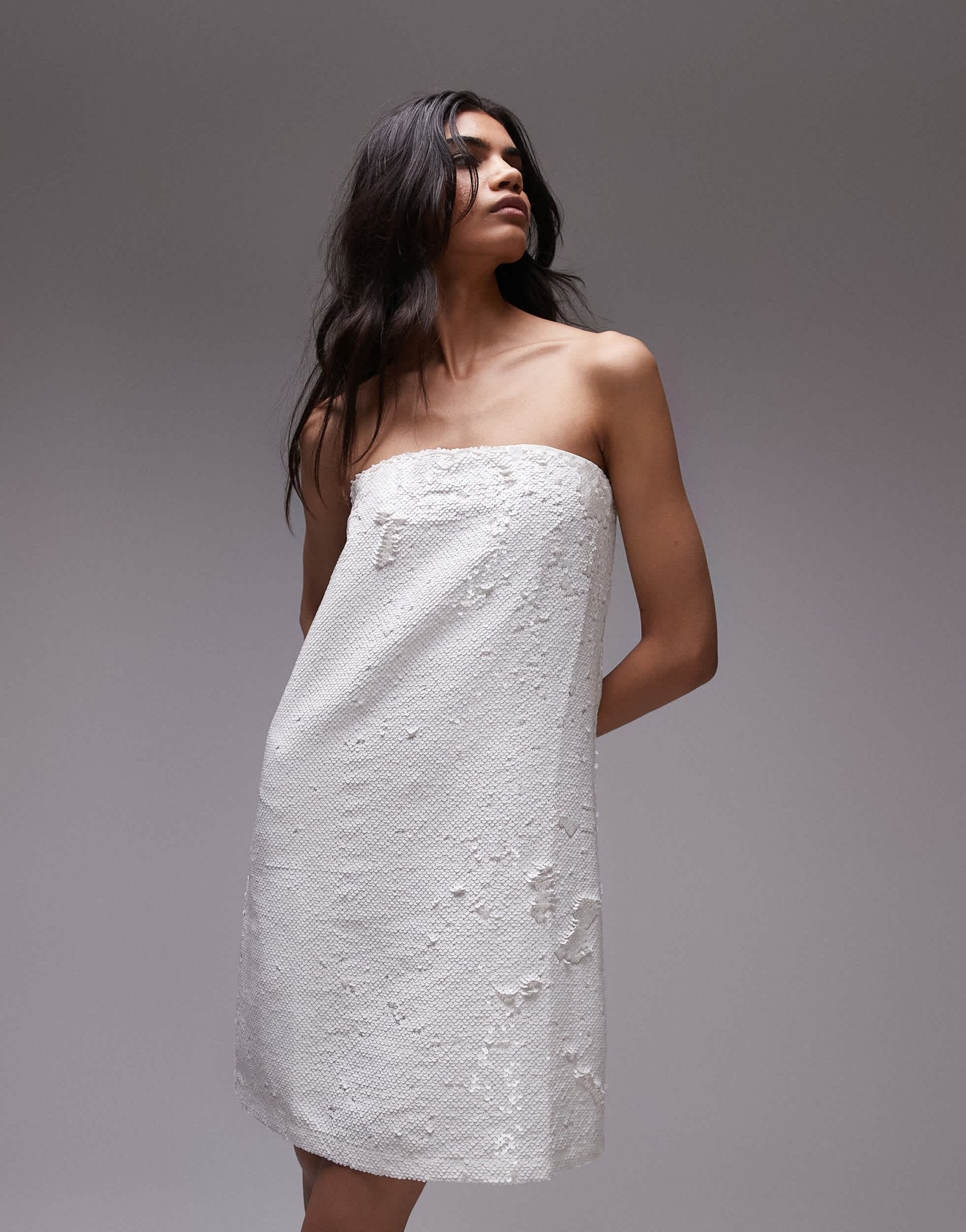 Topshop sequin embellished bandeau mini dress in white - ASOS Sample Sale