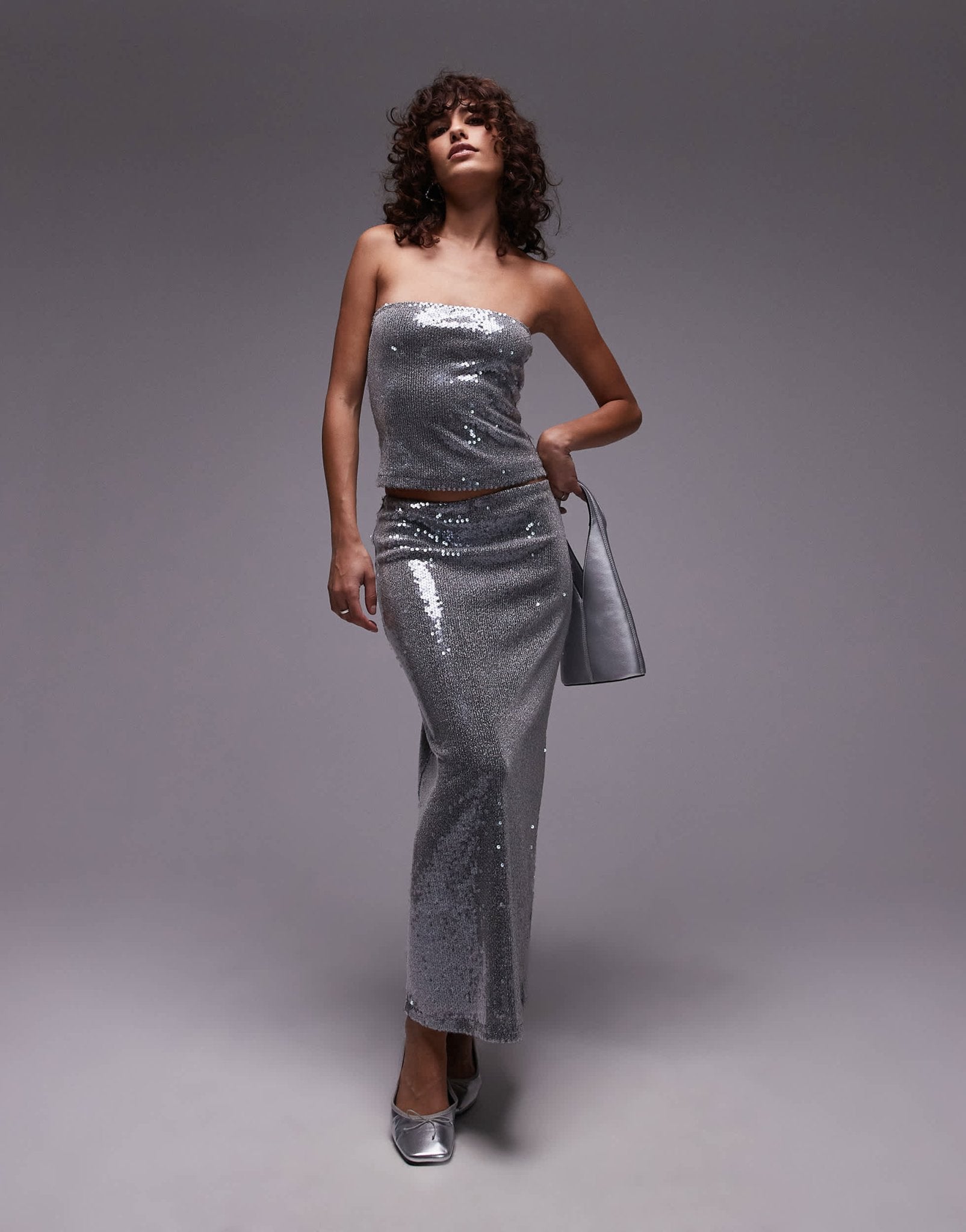 Topshop sequin midaxi skirt in gunmetal - ASOS Sample Sale