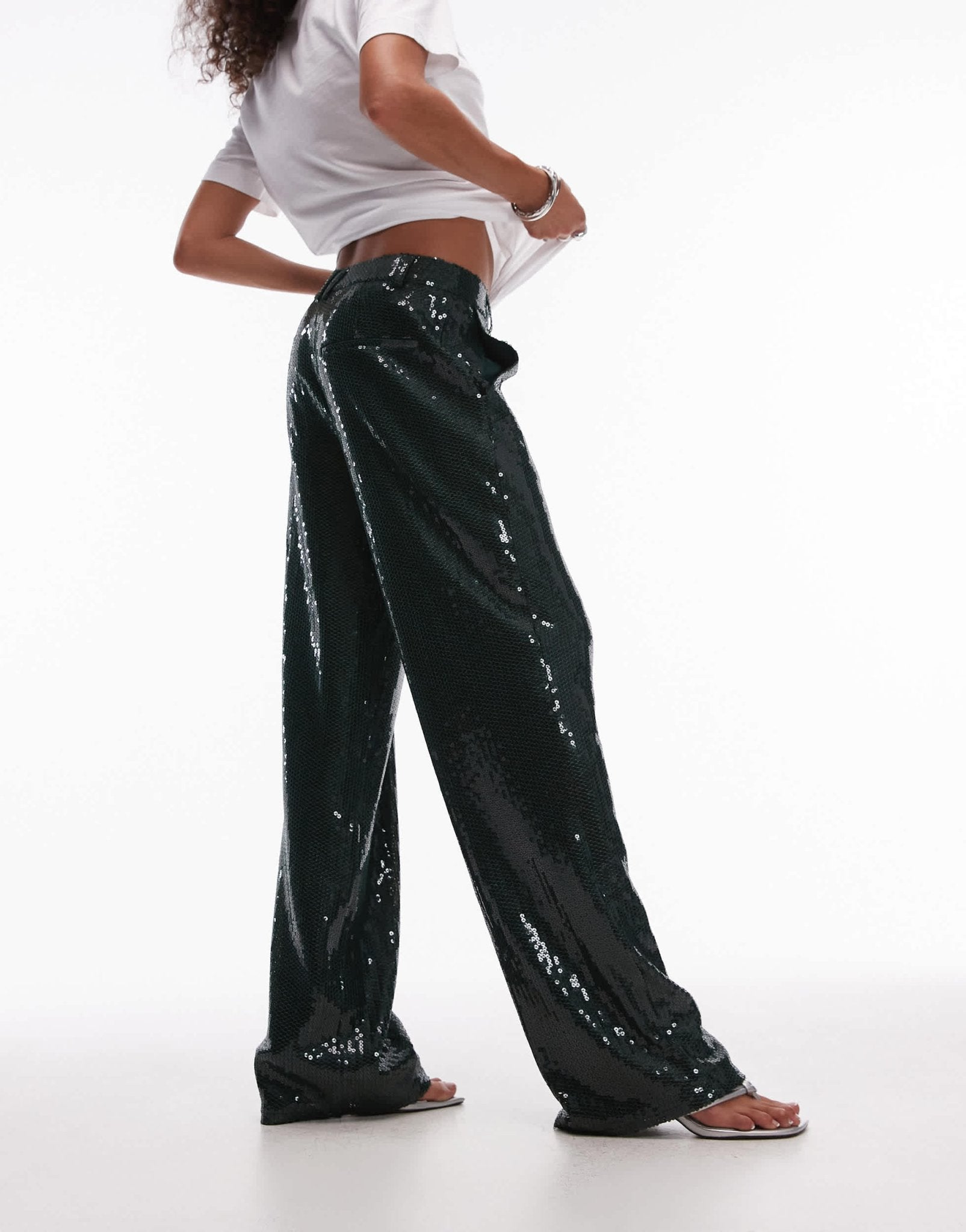 Topshop sequin tailored trouser in green - ASOS Sample Sale