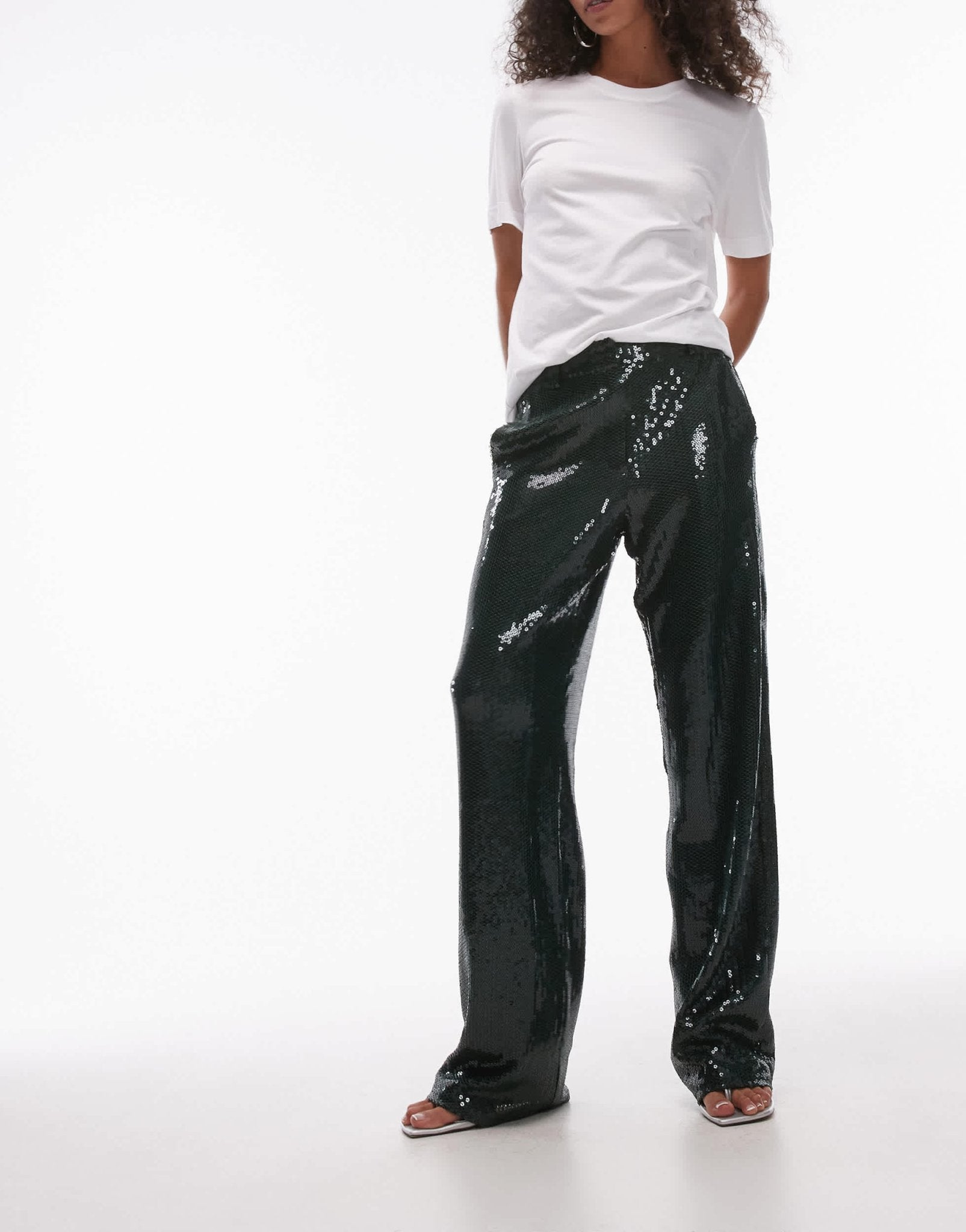 Topshop sequin tailored trouser in green - ASOS Sample Sale