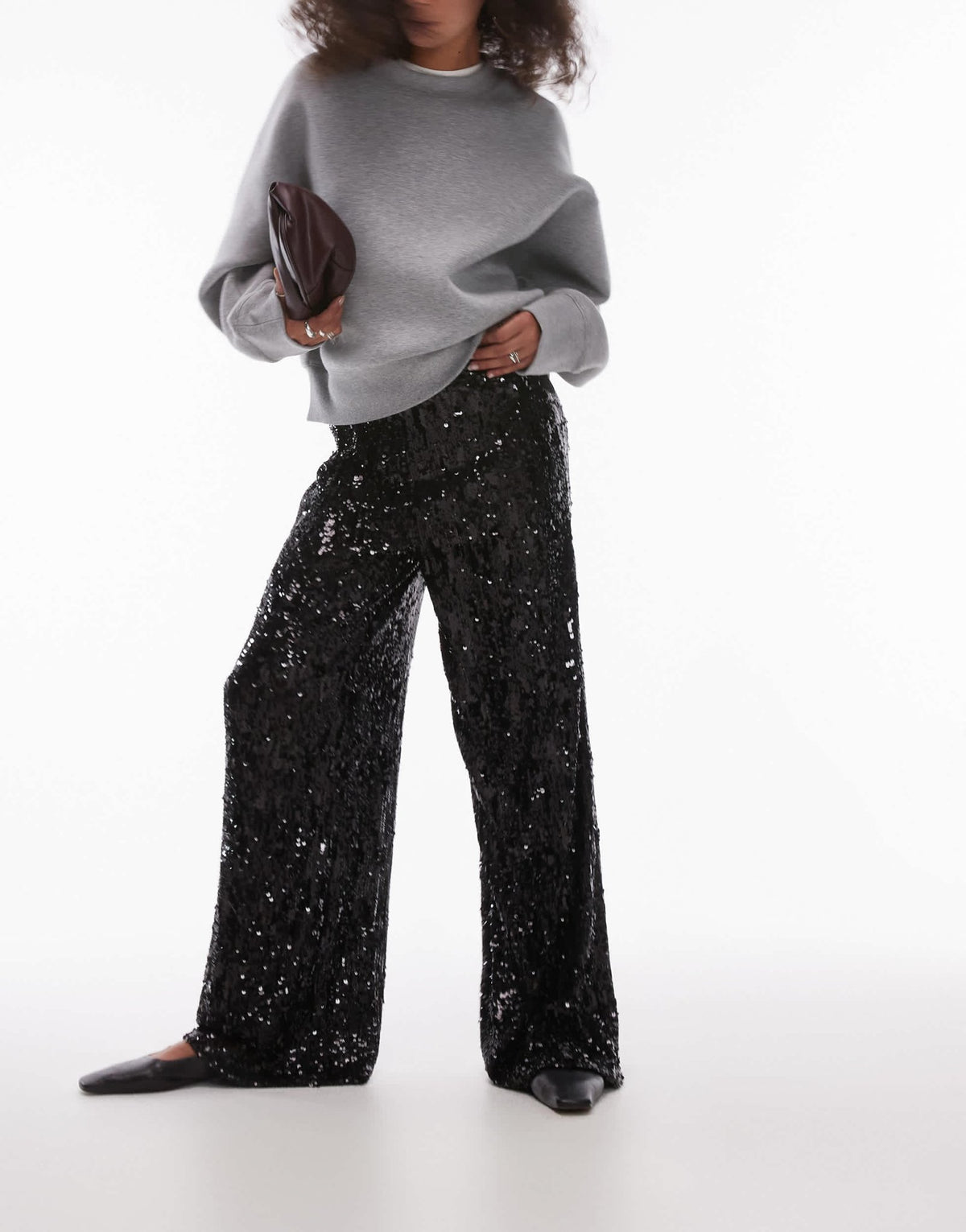 Topshop sequin wide leg trouser in black - ASOS Sample Sale