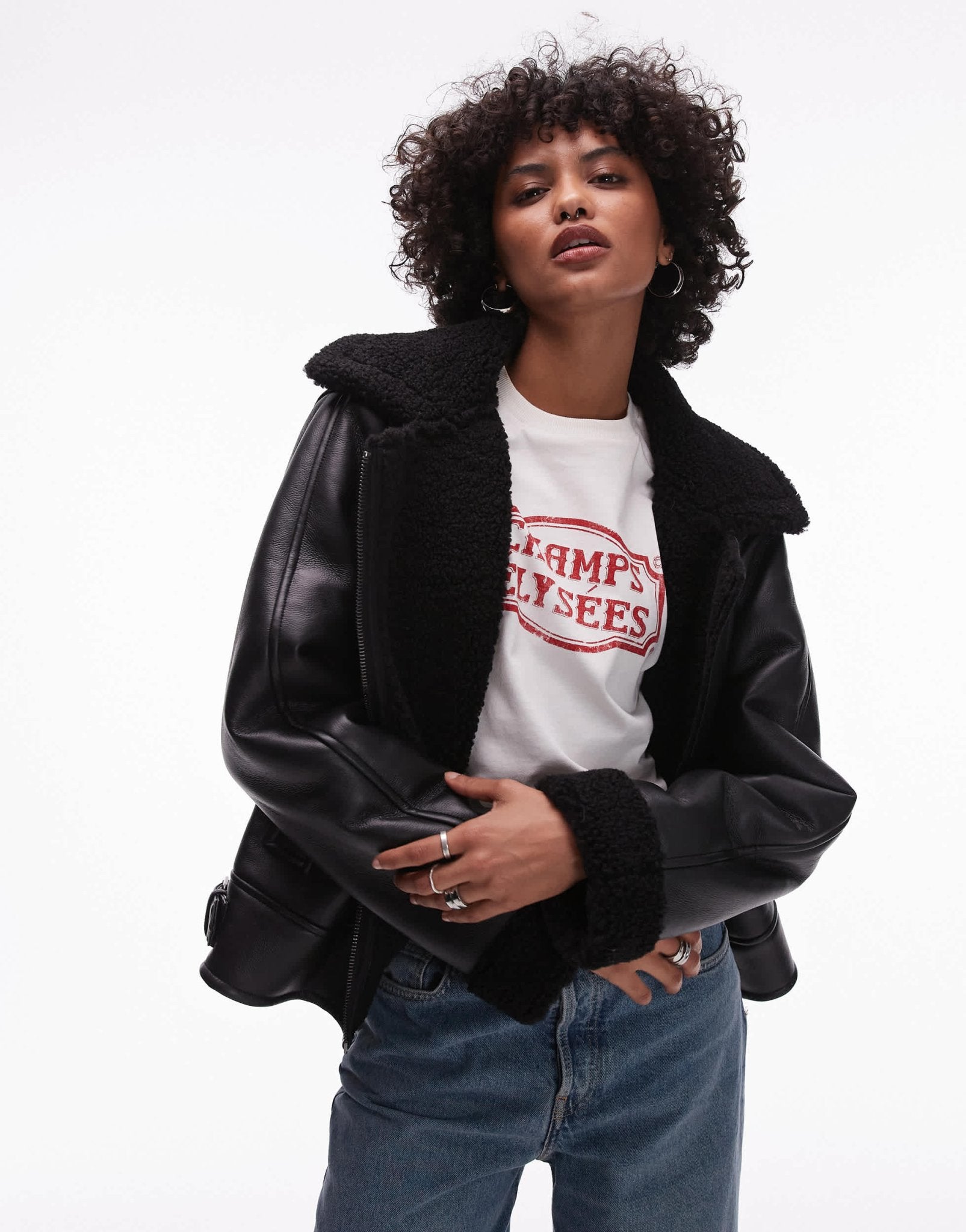 Topshop shearling aviator jacket in black and black - ASOS Sample Sale
