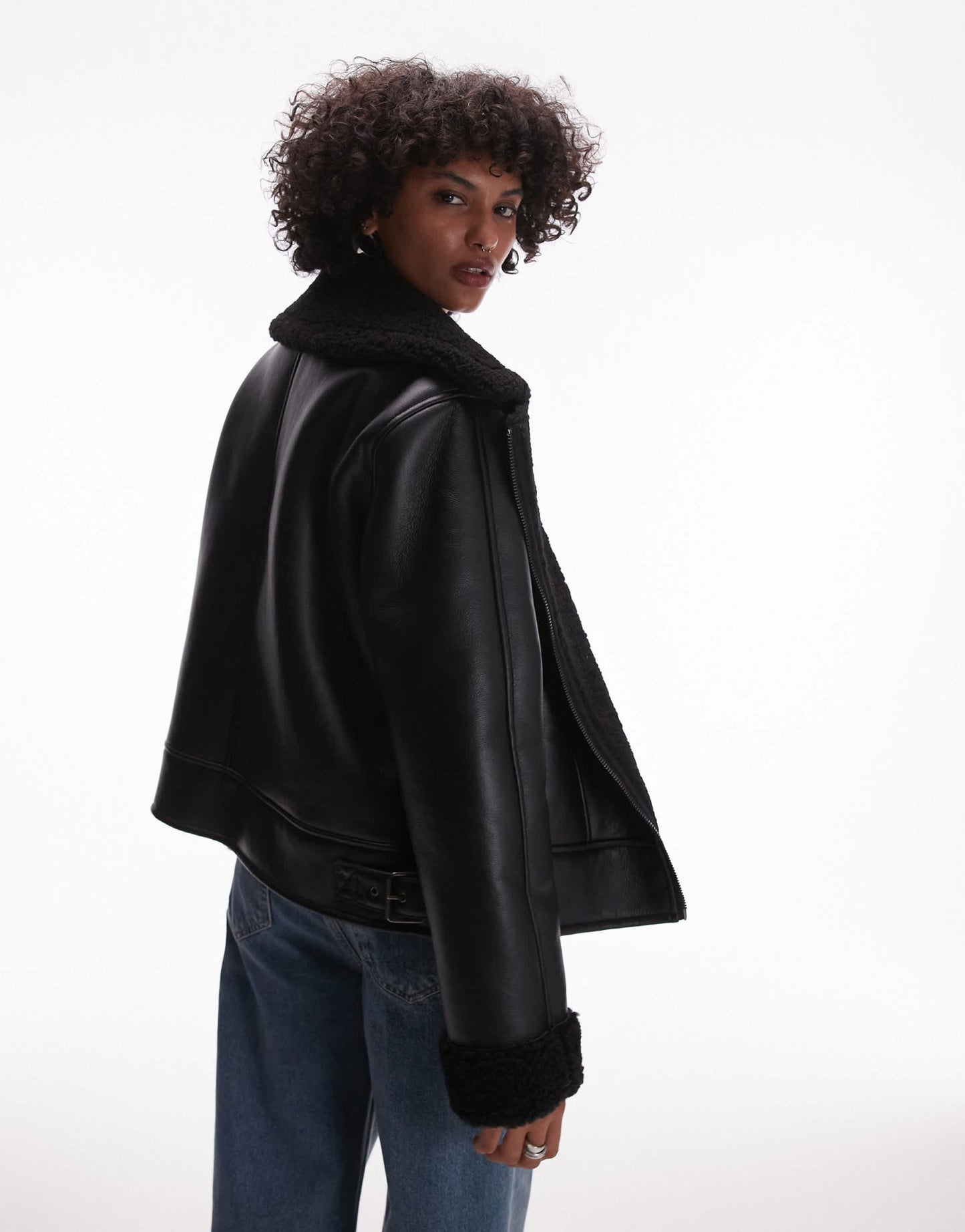 Topshop shearling aviator jacket in black and black - ASOS Sample Sale