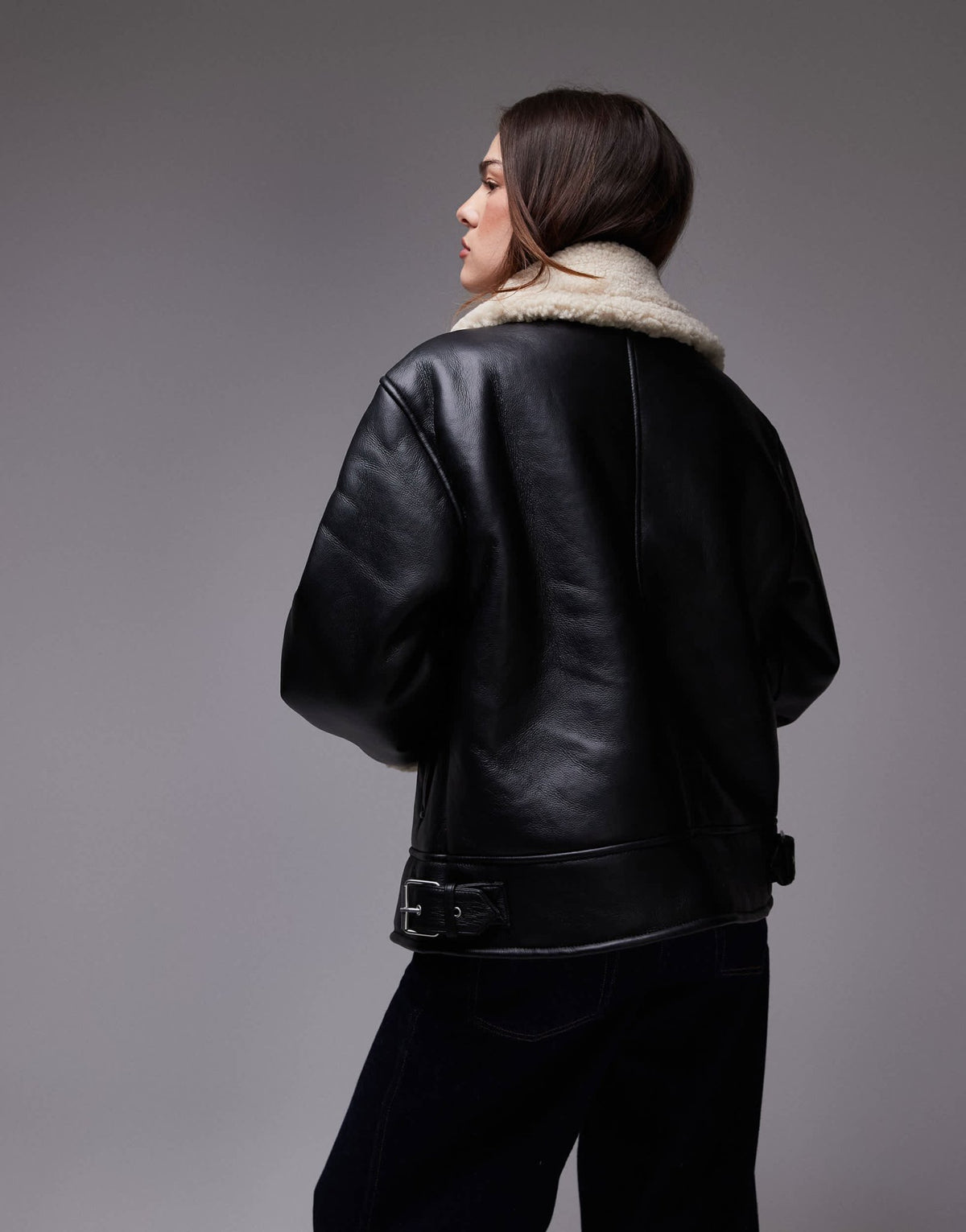 Topshop shearling aviator jacket in black and cream - ASOS Sample Sale