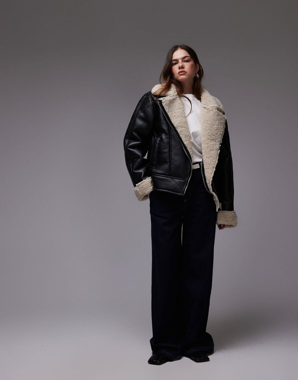 Topshop shearling aviator jacket in black and cream - ASOS Sample Sale
