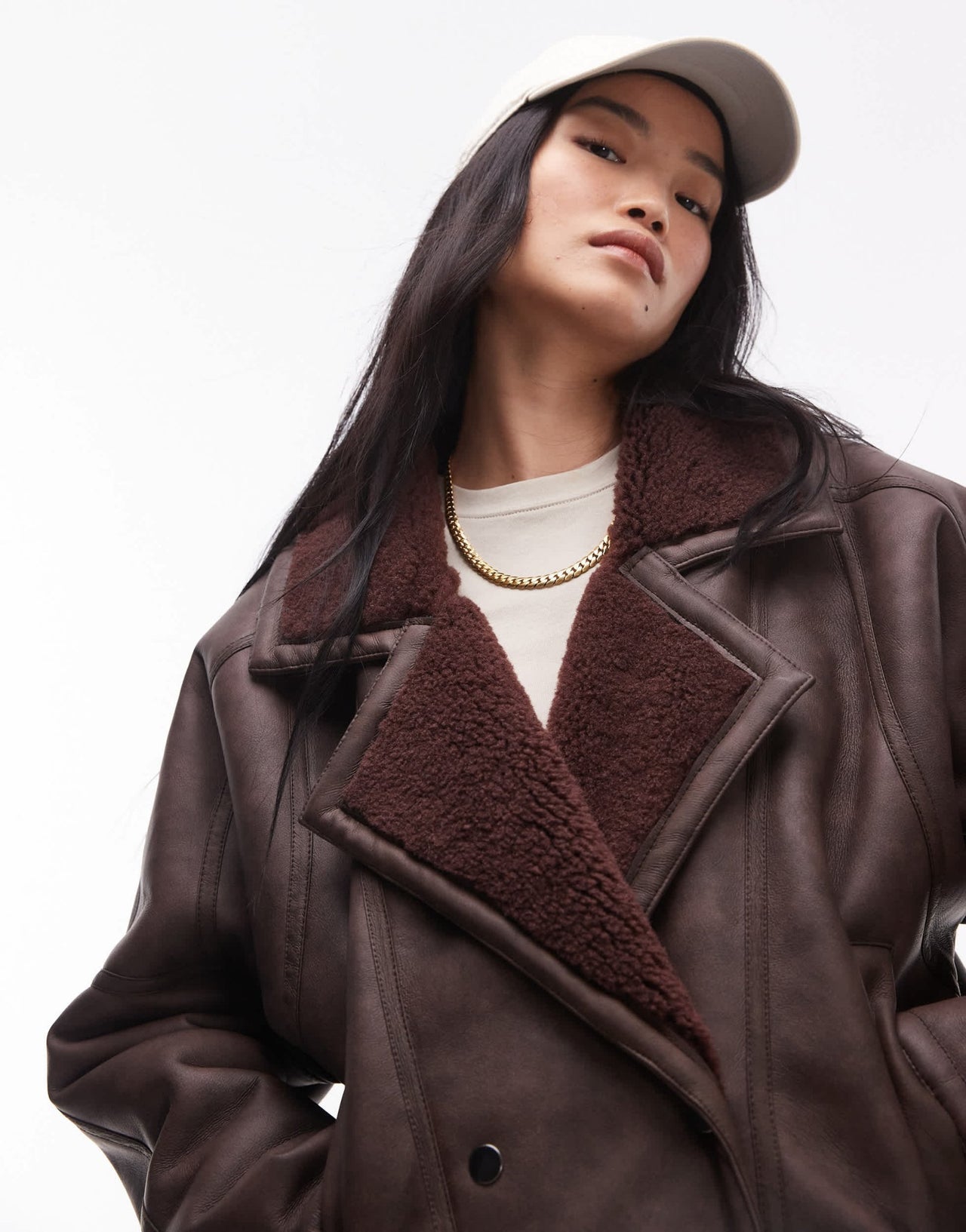 Topshop shearling jacket in burgundy - ASOS Sample Sale