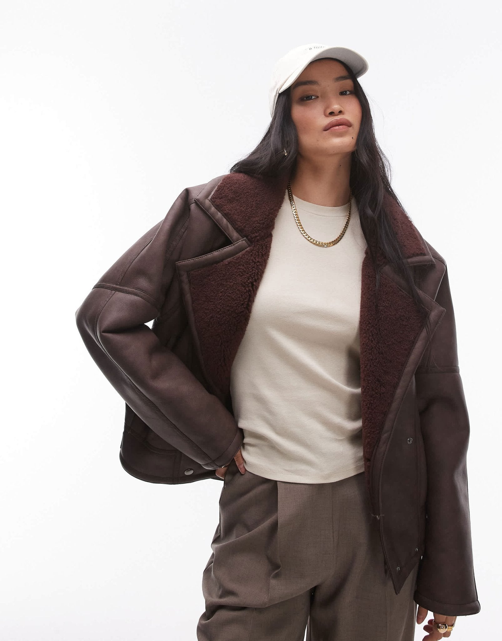 Topshop shearling jacket in burgundy - ASOS Sample Sale