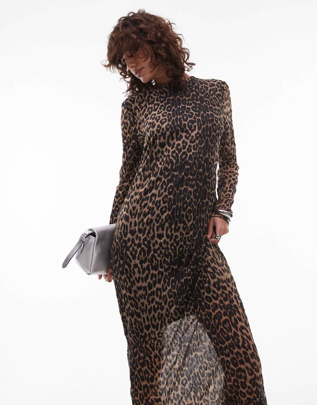 Topshop sheer crinkle high neck long sleeve dress in leopard print - ASOS Sample Sale