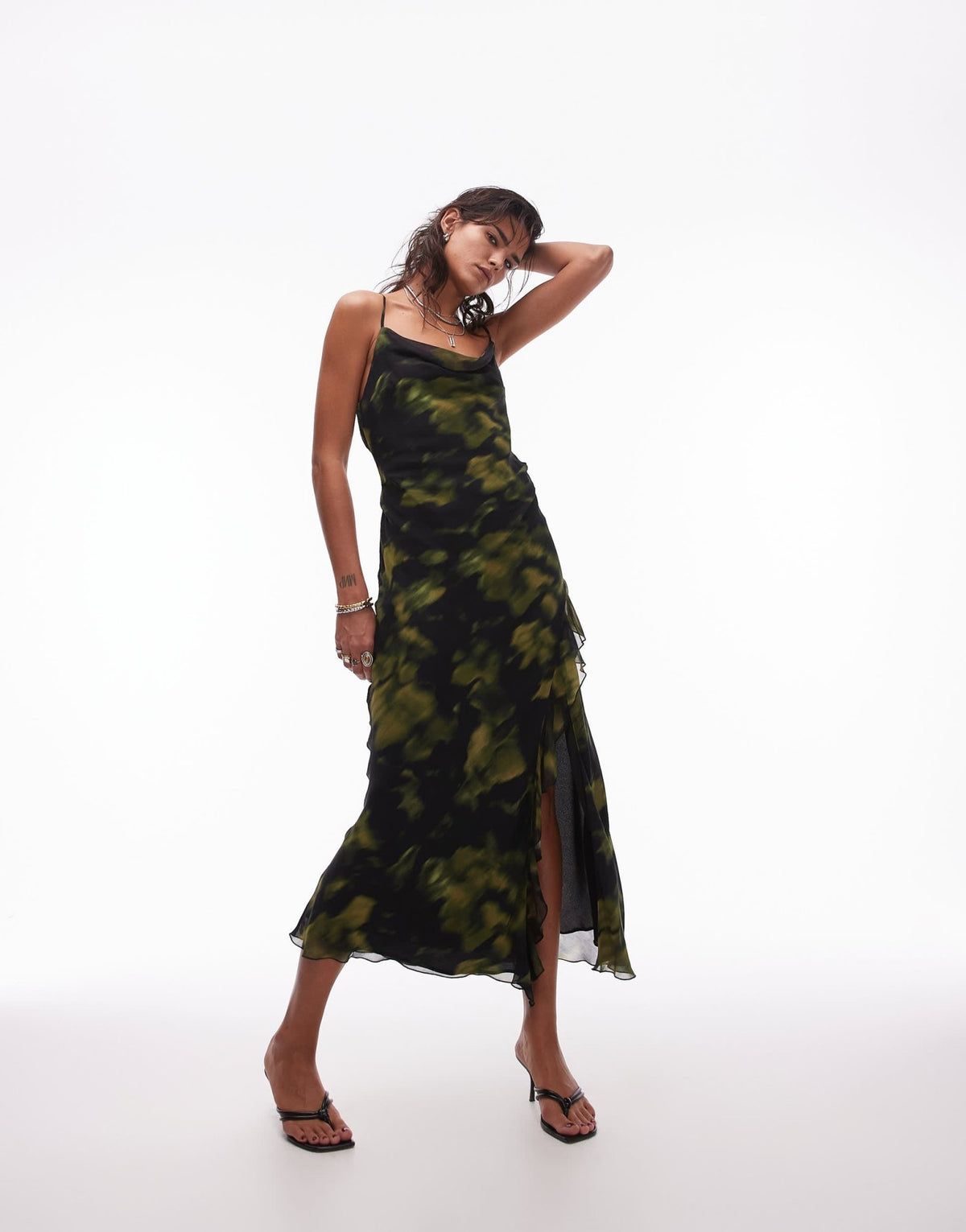 Topshop sheer drape midi dress in green blurred print - ASOS Sample Sale