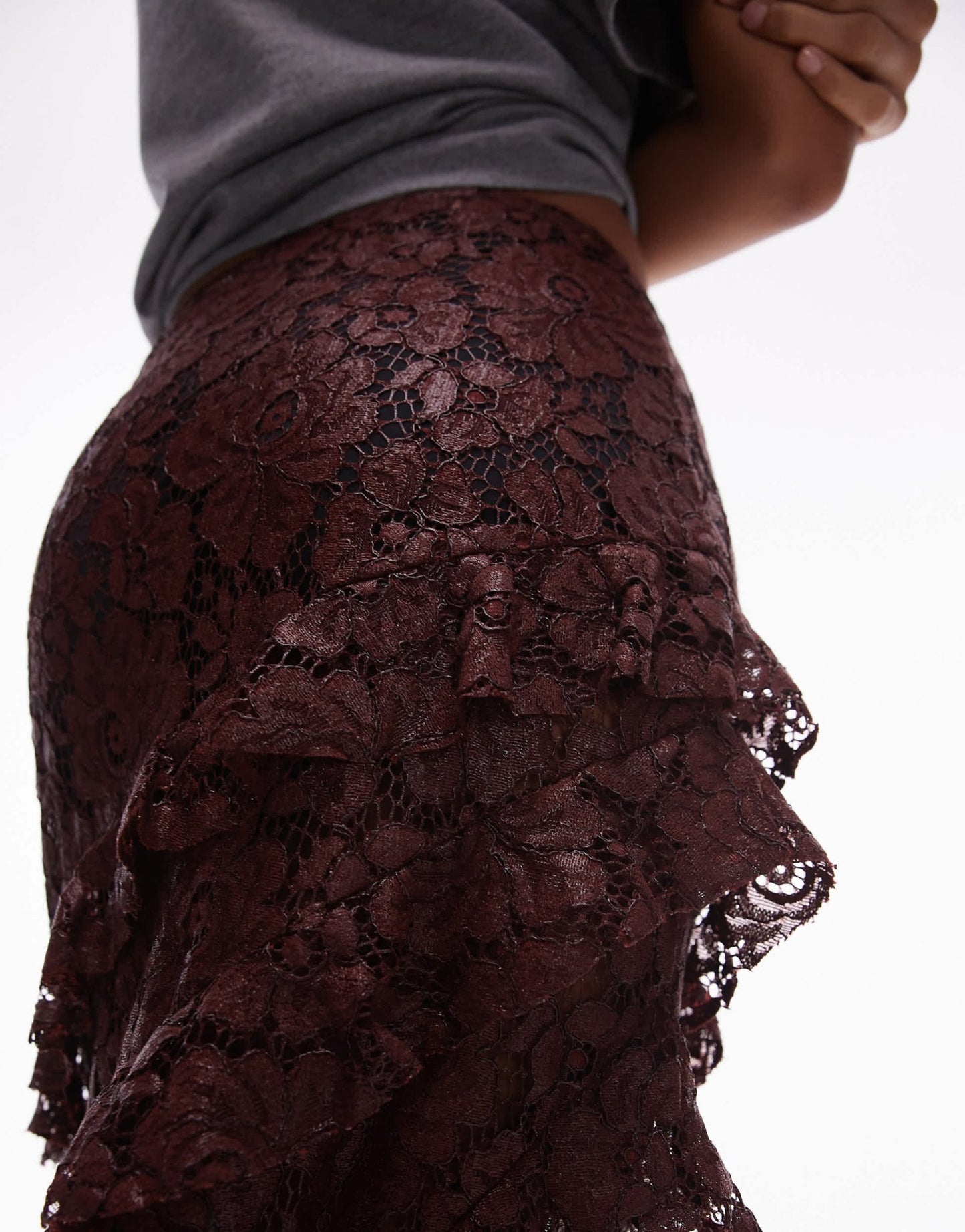 Topshop sheer lace ruffle maxi skirt in burgundy - ASOS Sample Sale
