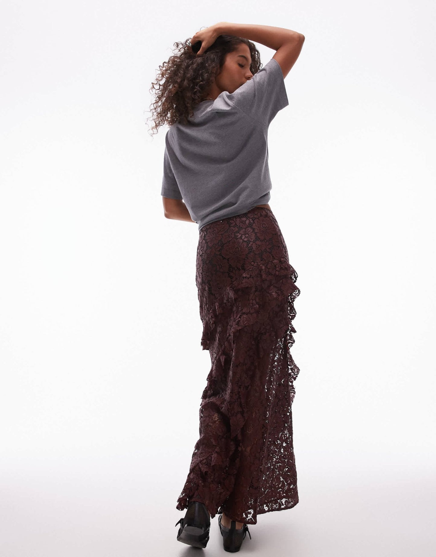 Topshop sheer lace ruffle maxi skirt in burgundy - ASOS Sample Sale