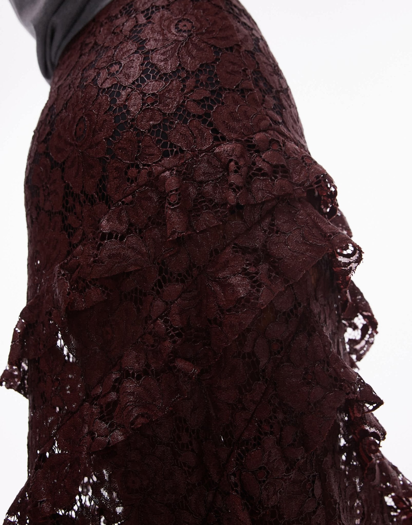 Topshop sheer lace ruffle maxi skirt in burgundy - ASOS Sample Sale