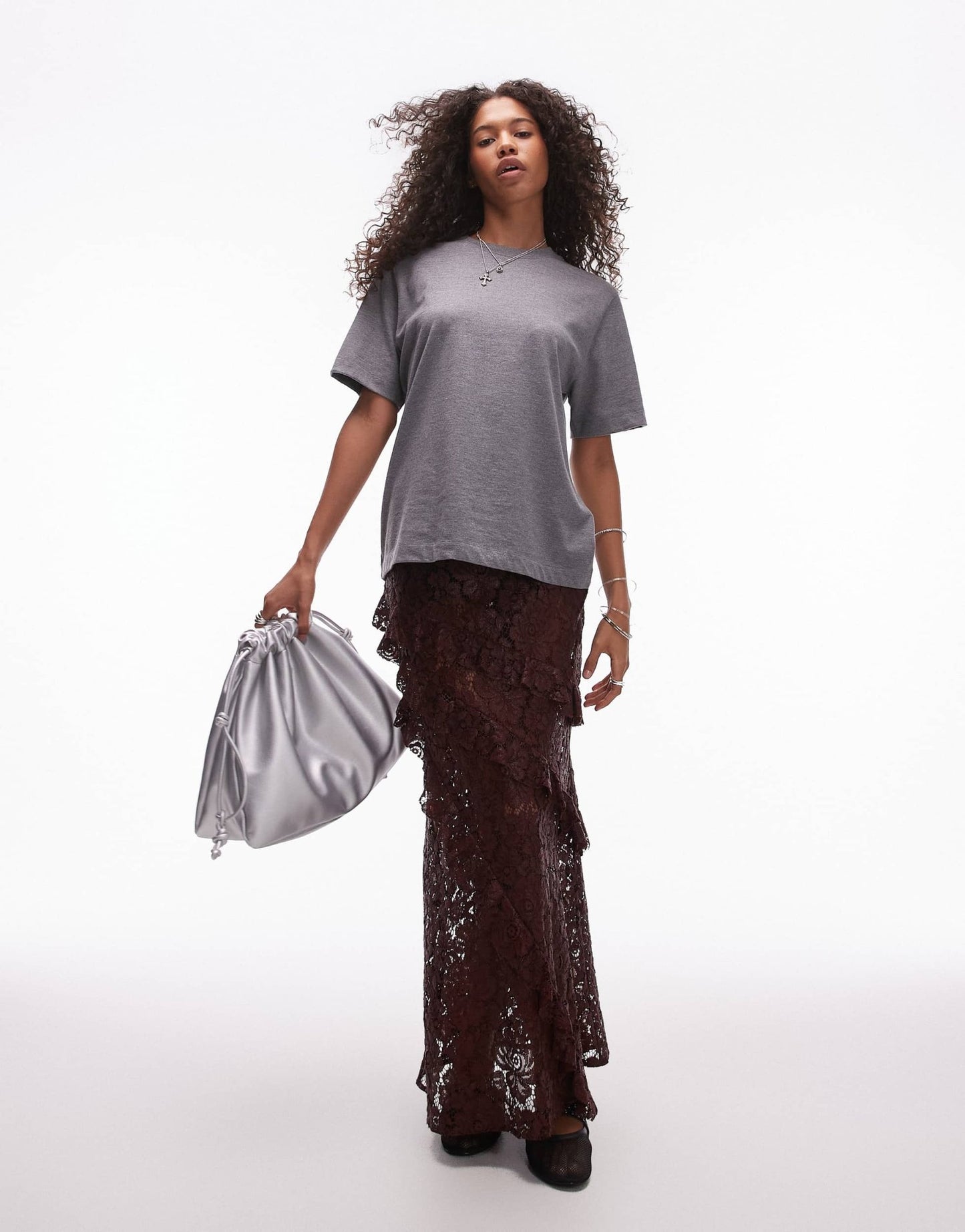 Topshop sheer lace ruffle maxi skirt in burgundy - ASOS Sample Sale