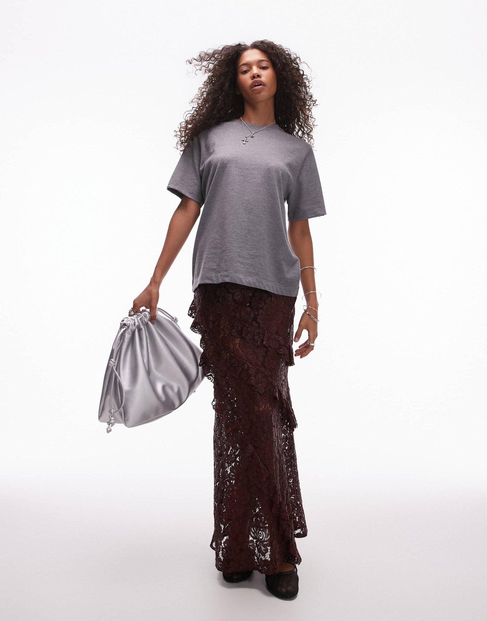 Topshop sheer lace ruffle maxi skirt in burgundy - ASOS Sample Sale