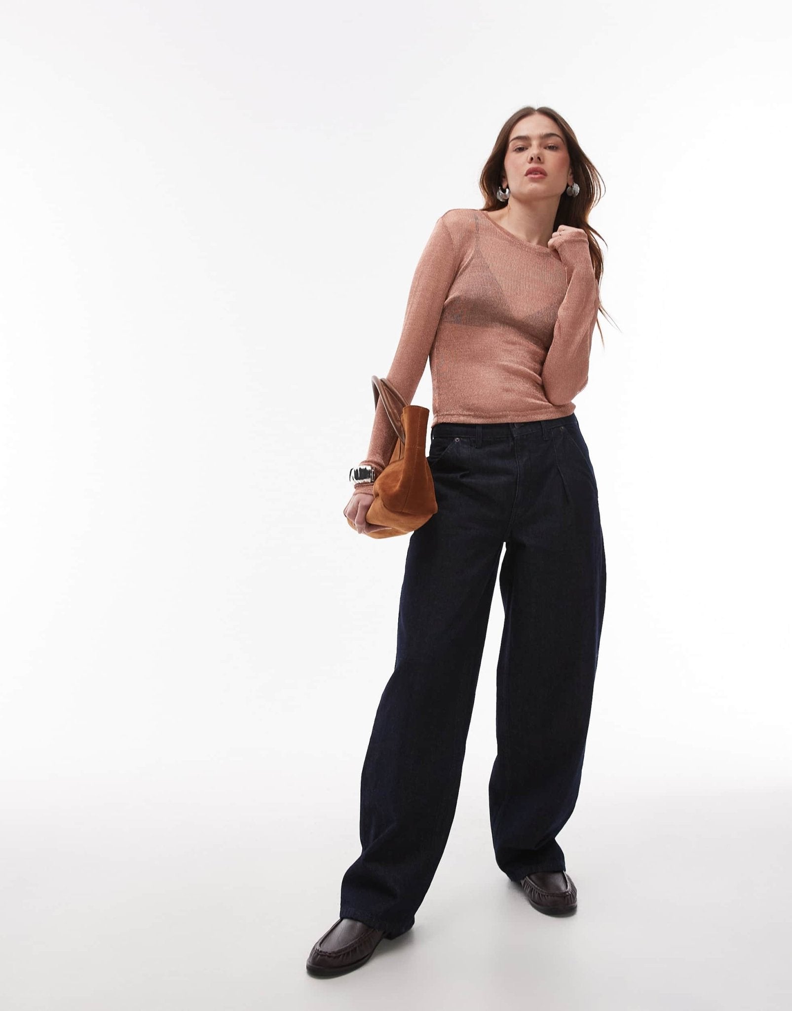 Topshop sheer metallic long sleeve top in rose gold - ASOS Sample Sale