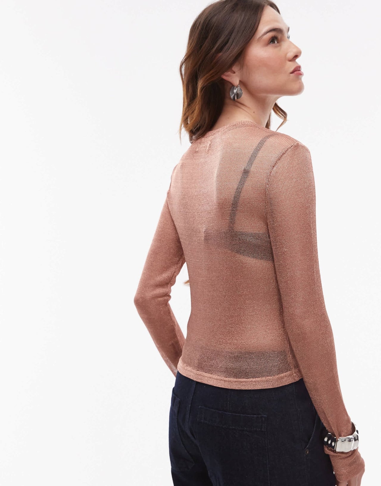 Topshop sheer metallic long sleeve top in rose gold - ASOS Sample Sale