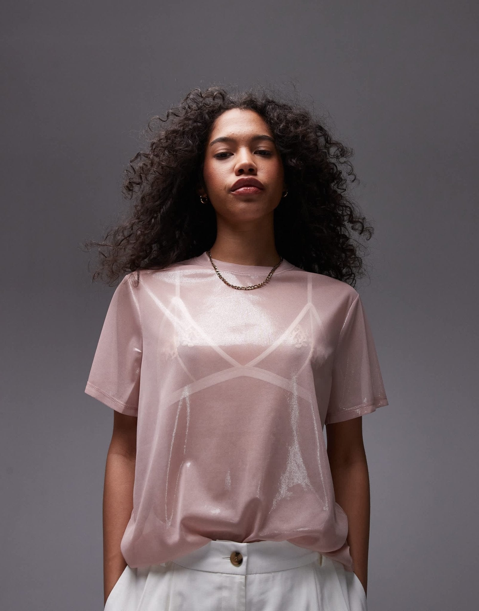 Topshop sheer metallic tee in pink - ASOS Sample Sale