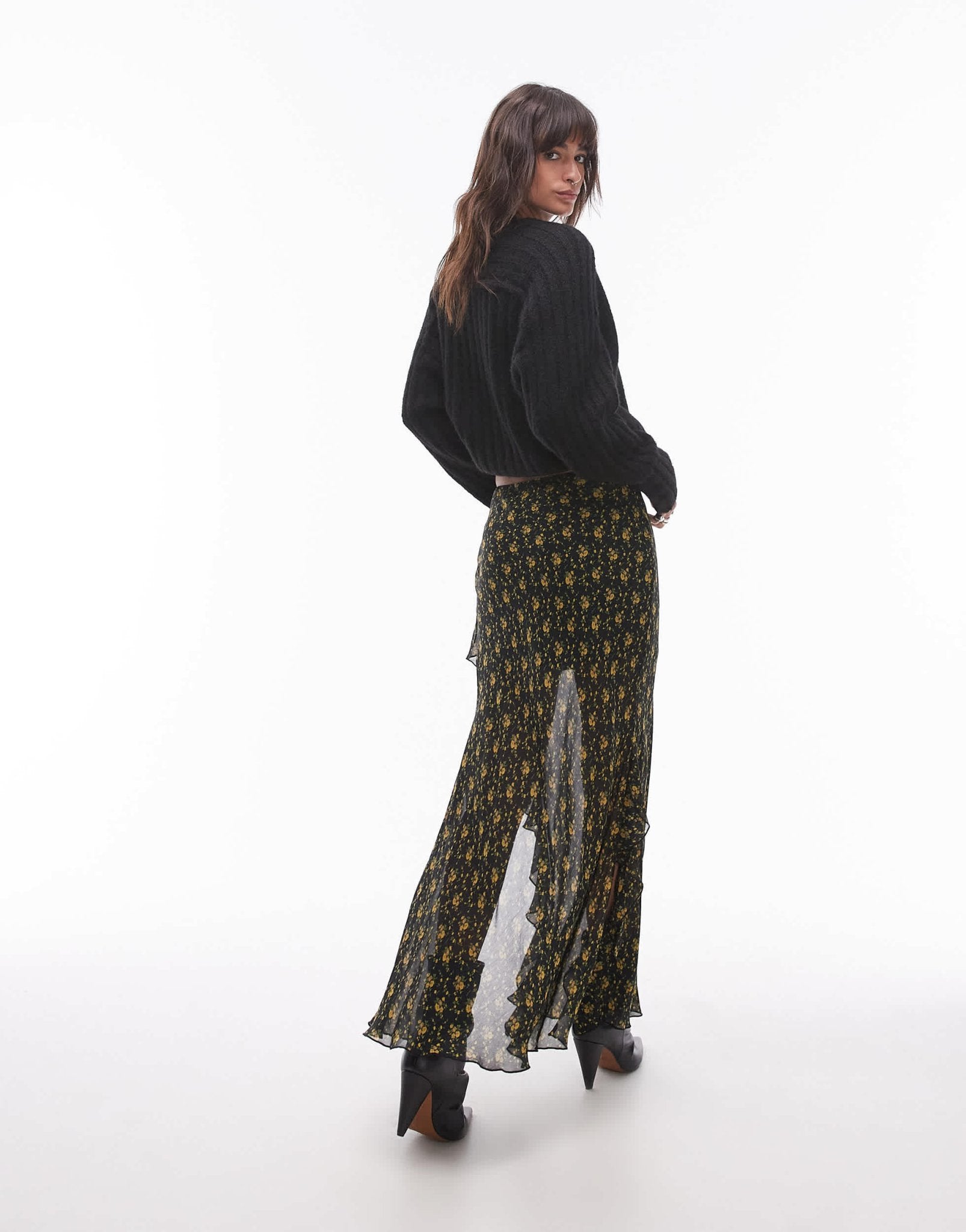 Topshop sheer ruffle maxi skirt in vintage mustard floral - ASOS Sample Sale