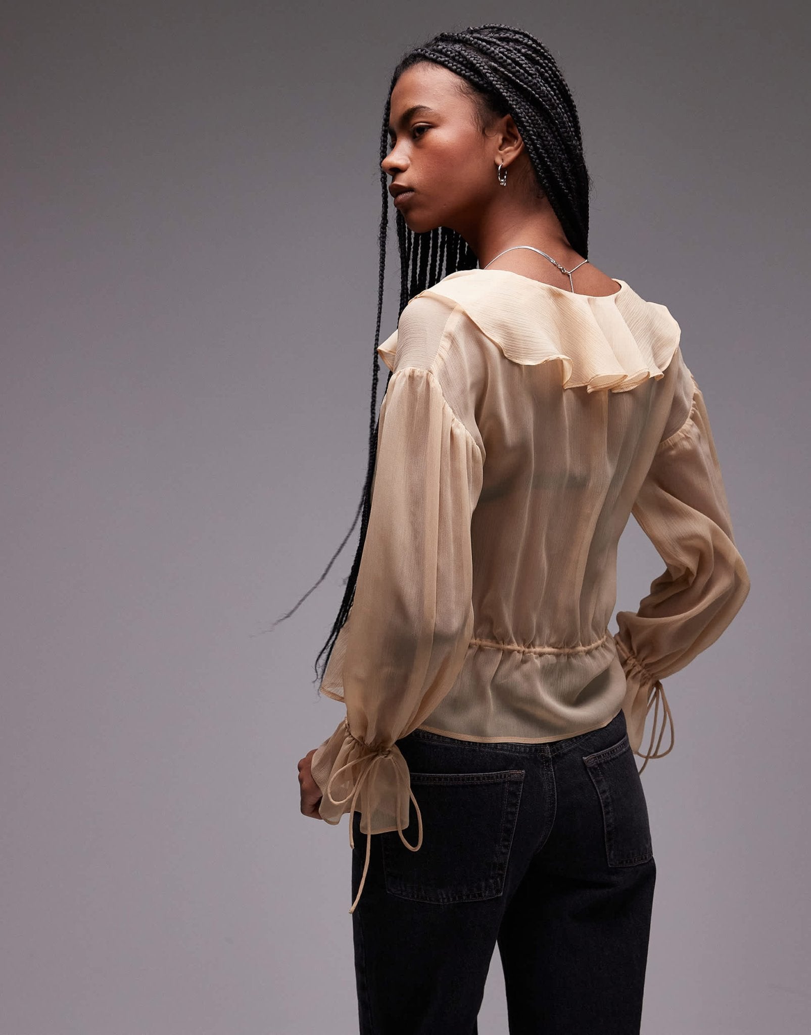 Topshop sheer ruffle tie front top in beige - ASOS Sample Sale
